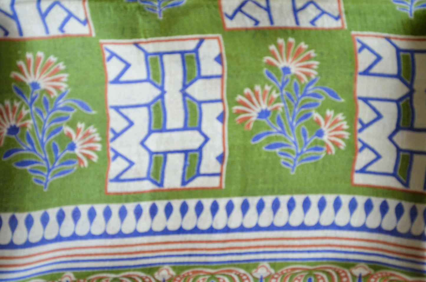Beige Block Print Pure Silk Handloom Saree
