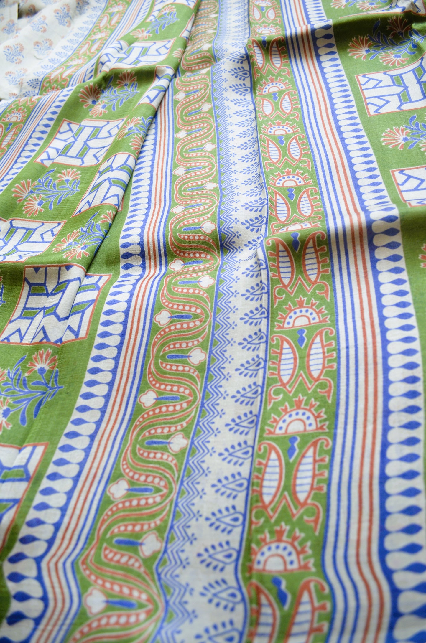 Beige Block Print Pure Silk Handloom Saree