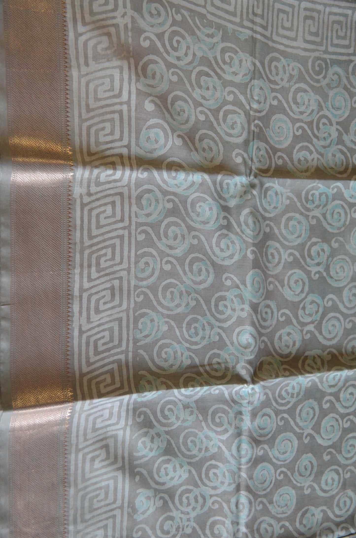 Grey Seafoam Maheshwari Dabu Block Print Vegan Silk Handloom Saree