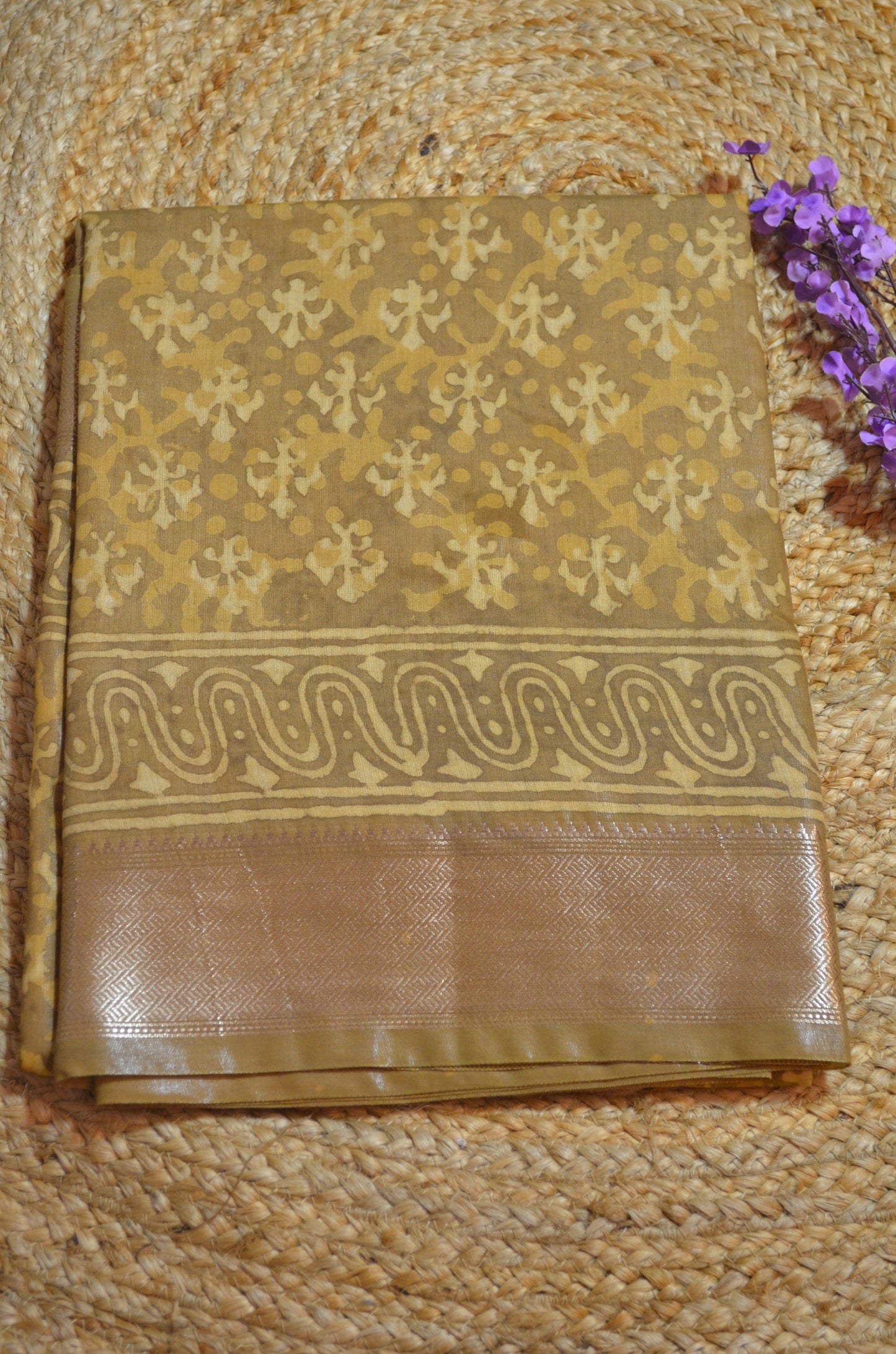 Dark Beige Maheshwari Dabu Block Print Vegan Silk Handloom Saree