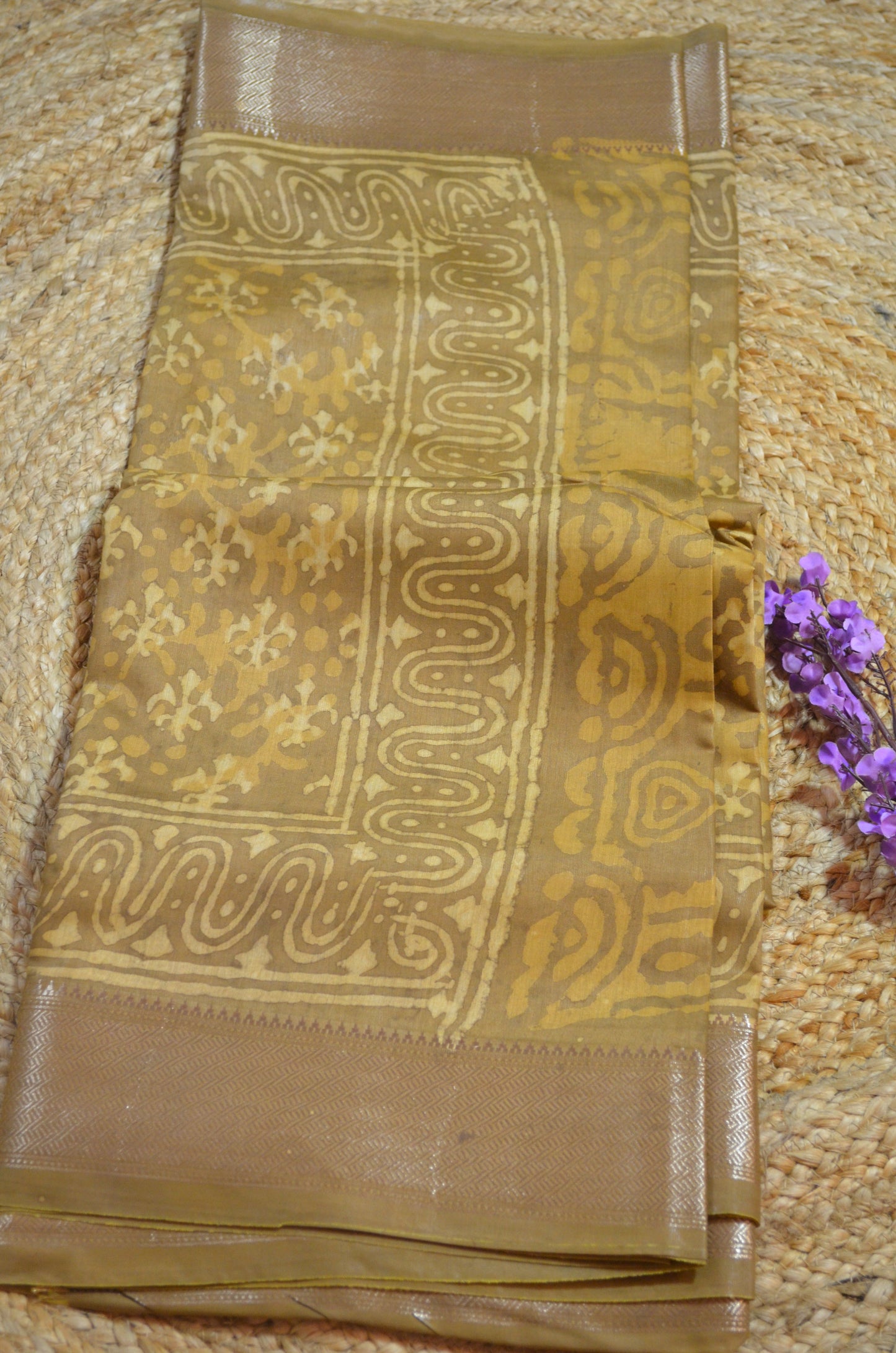 Dark Beige Maheshwari Dabu Block Print Vegan Silk Handloom Saree