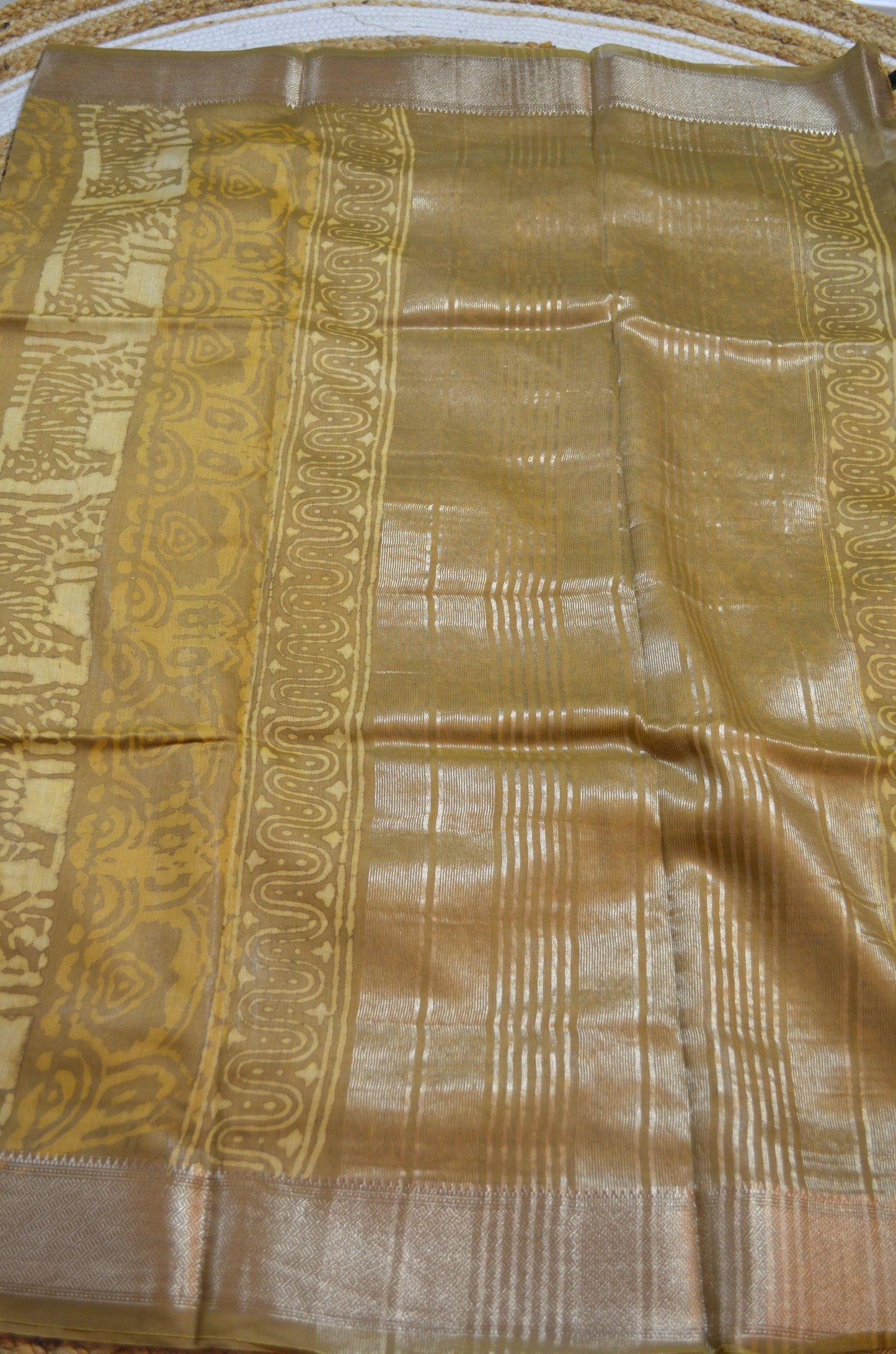 Dark Beige Maheshwari Dabu Block Print Vegan Silk Handloom Saree