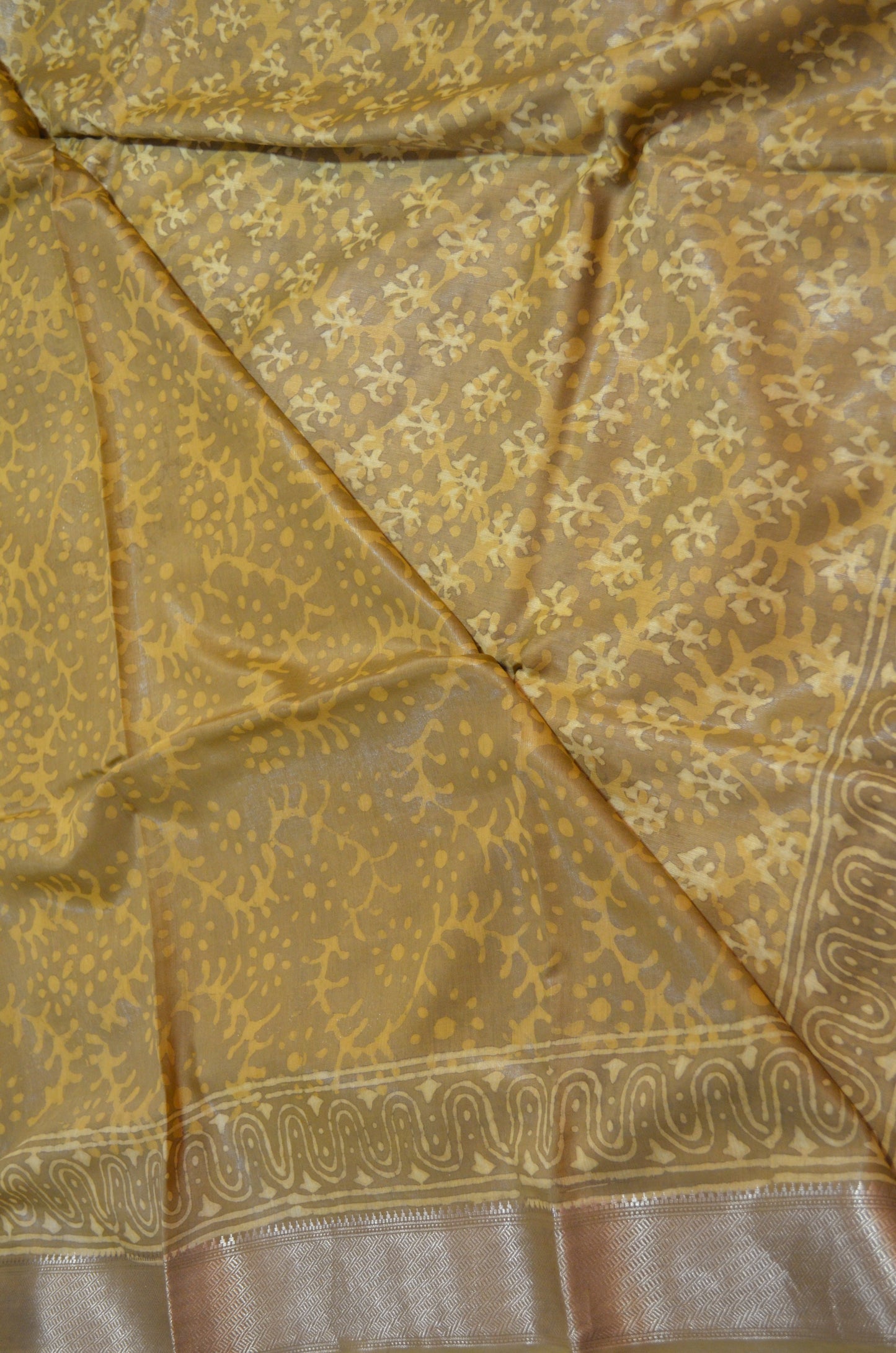 Dark Beige Maheshwari Dabu Block Print Vegan Silk Handloom Saree