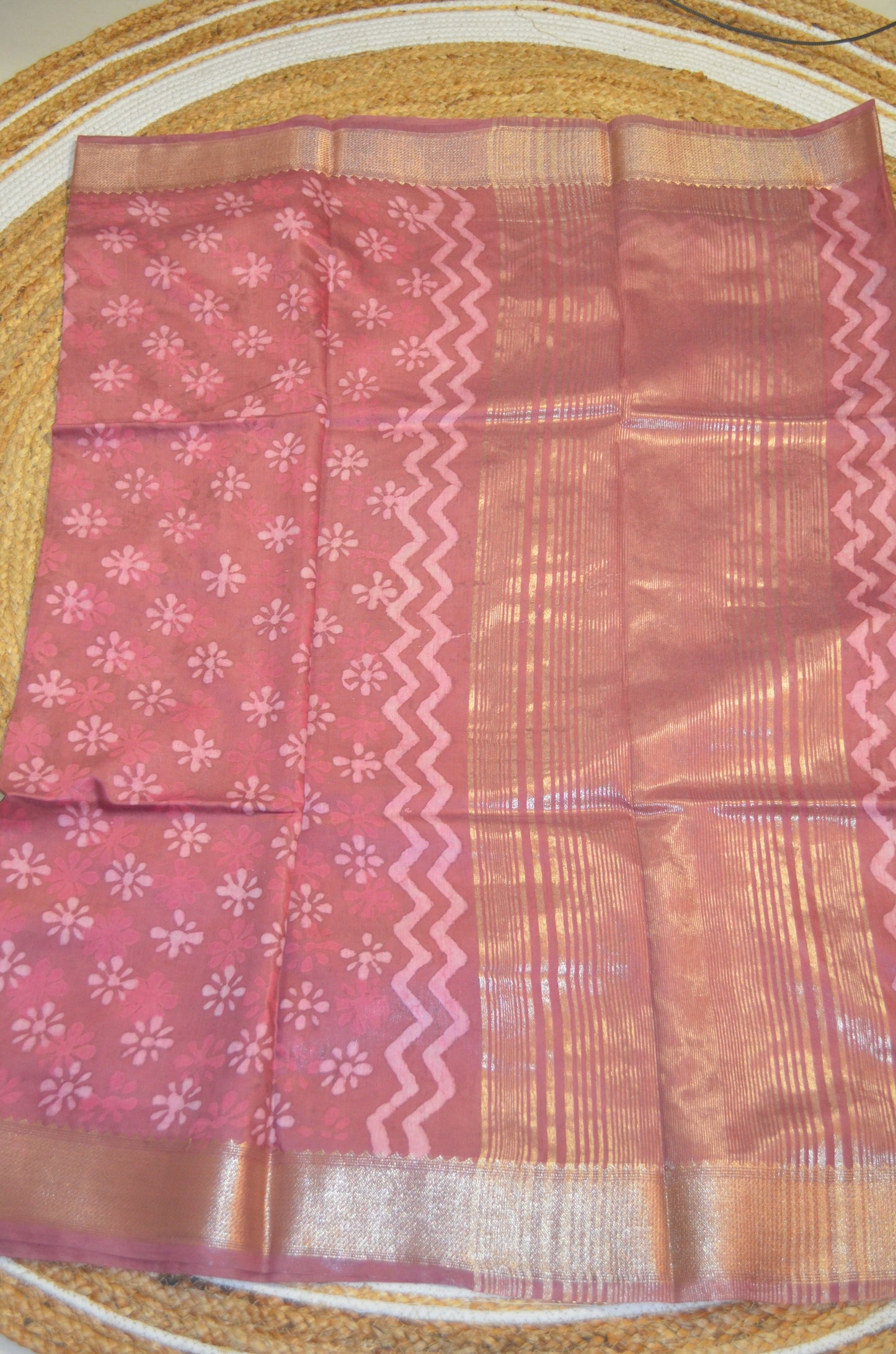 Rouge Maheshwari Dabu Block Print Vegan Silk Handloom Saree