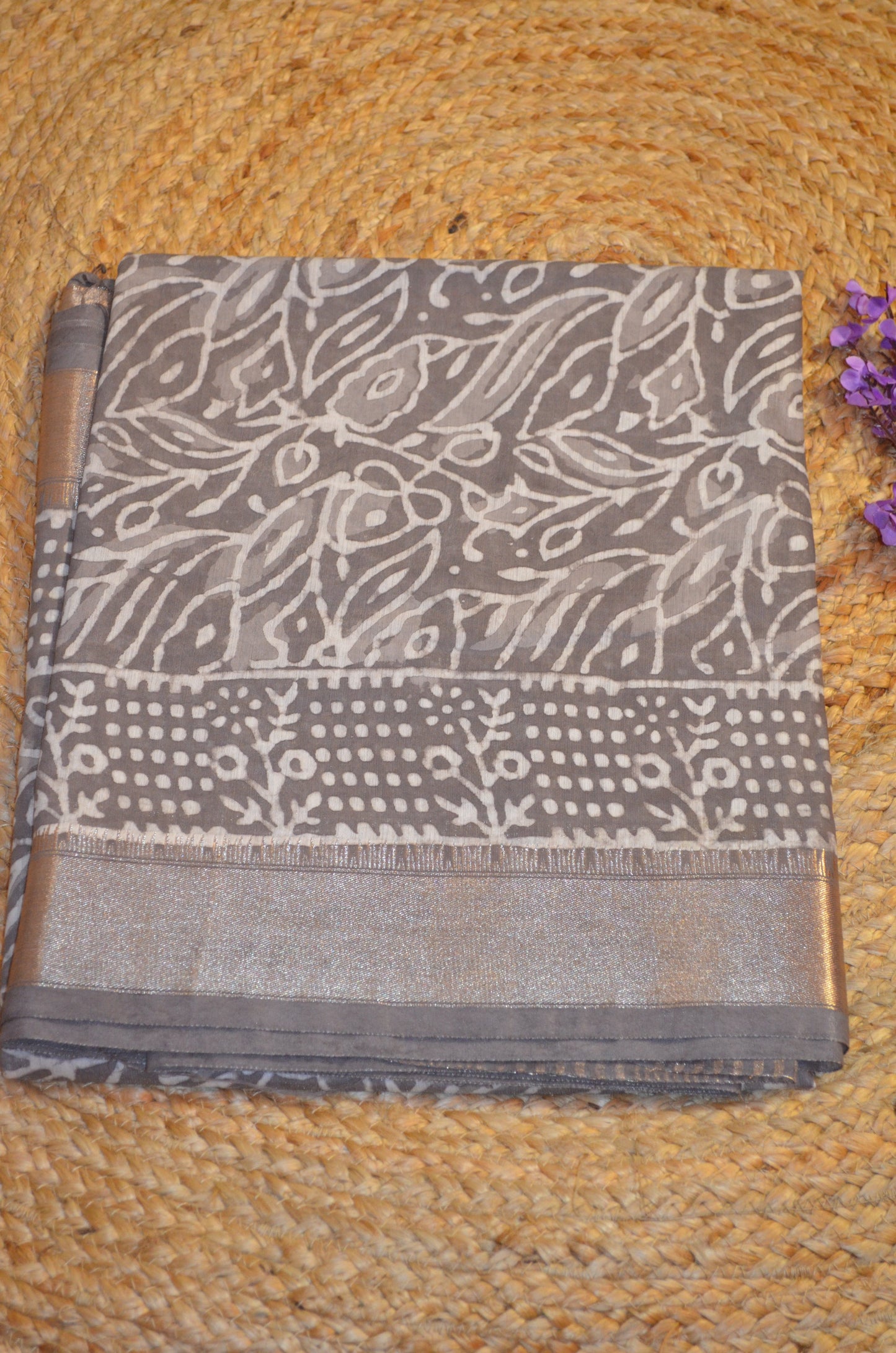 Grey Brown Maheshwari Dabu Block Print Vegan Silk Handloom Saree