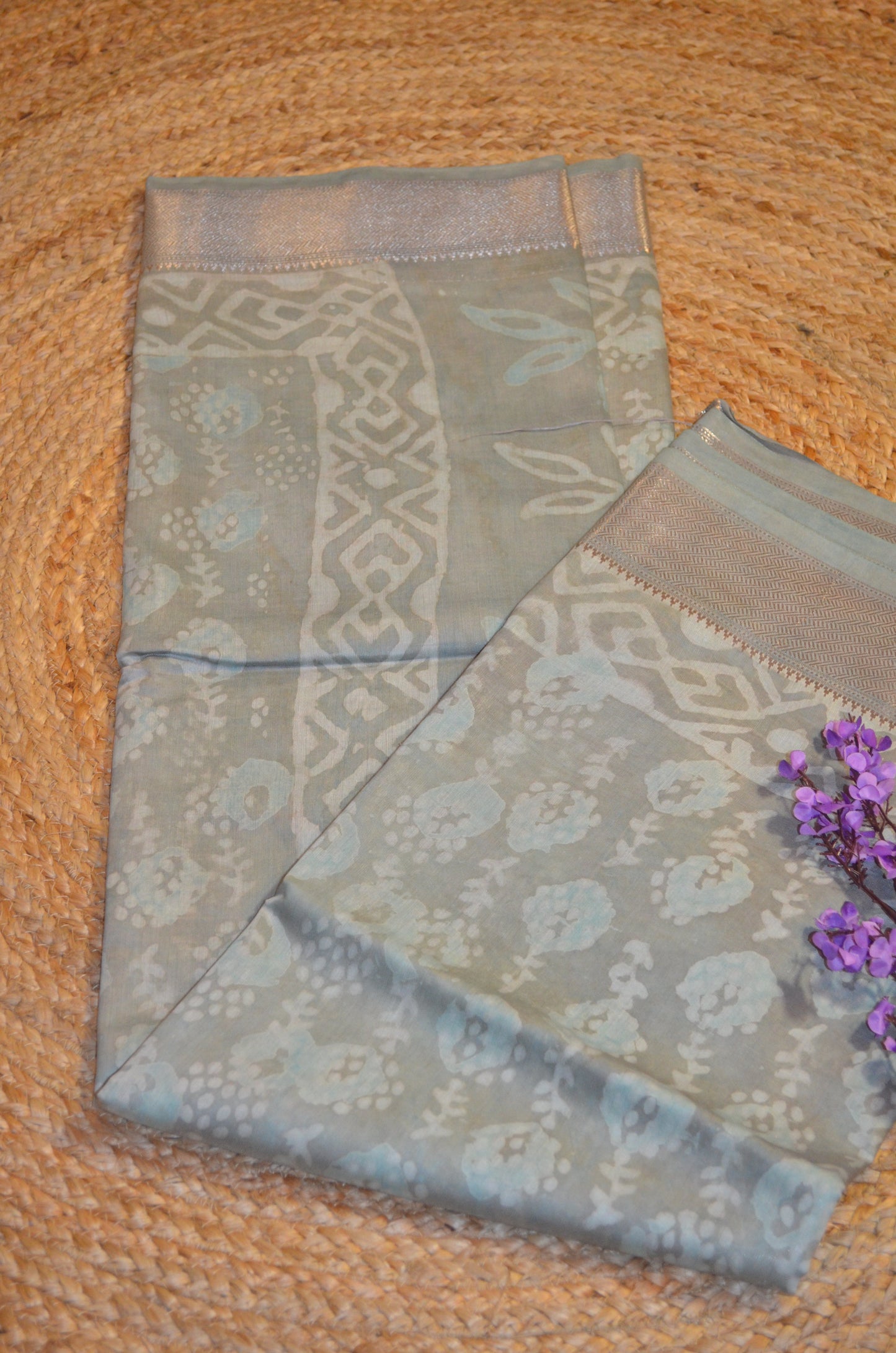 Grey Seafoam Maheshwari Dabu Block Print Vegan Silk Handloom Saree