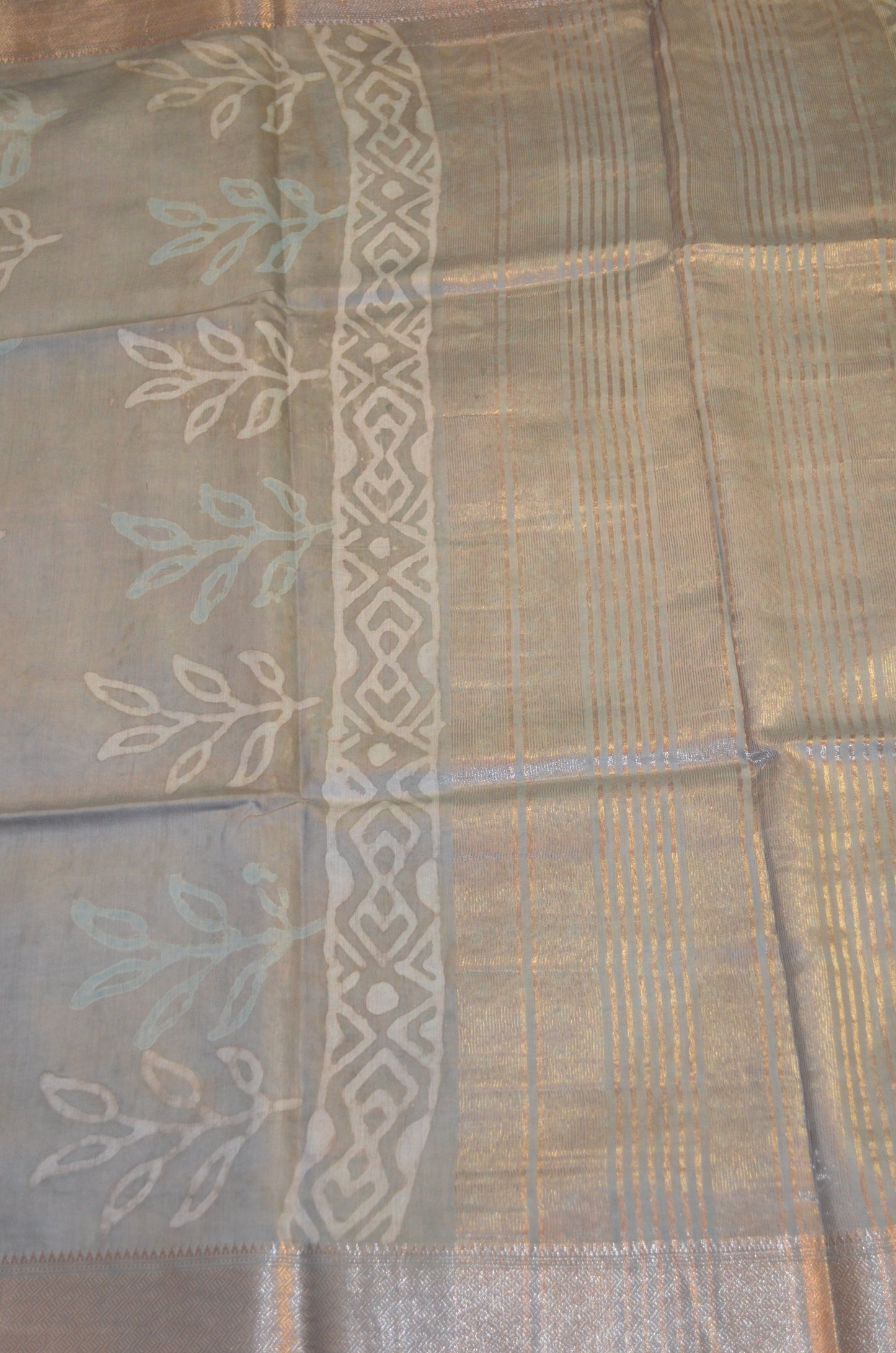 Grey Seafoam Maheshwari Dabu Block Print Vegan Silk Handloom Saree