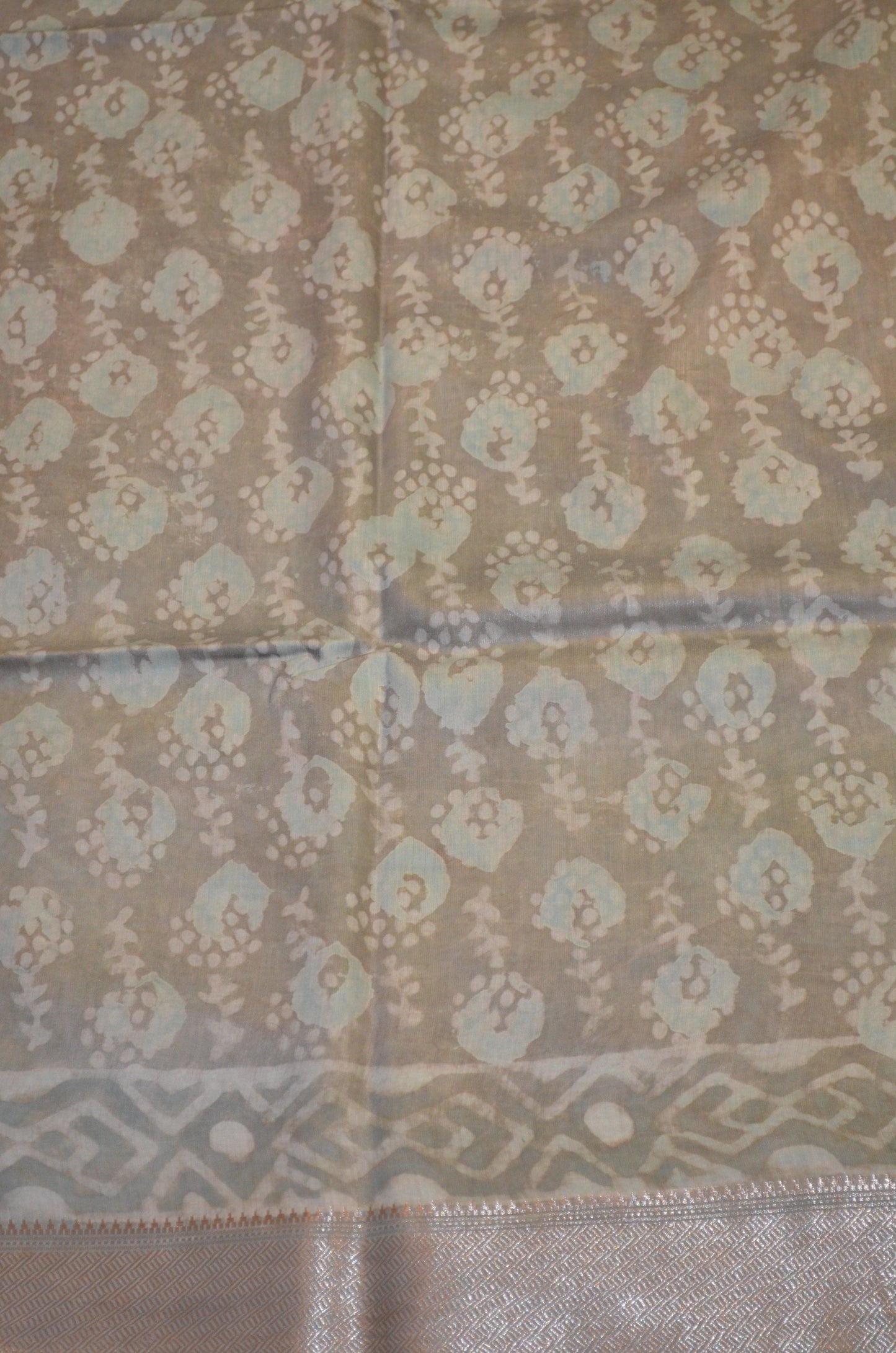 Grey Seafoam Maheshwari Dabu Block Print Vegan Silk Handloom Saree