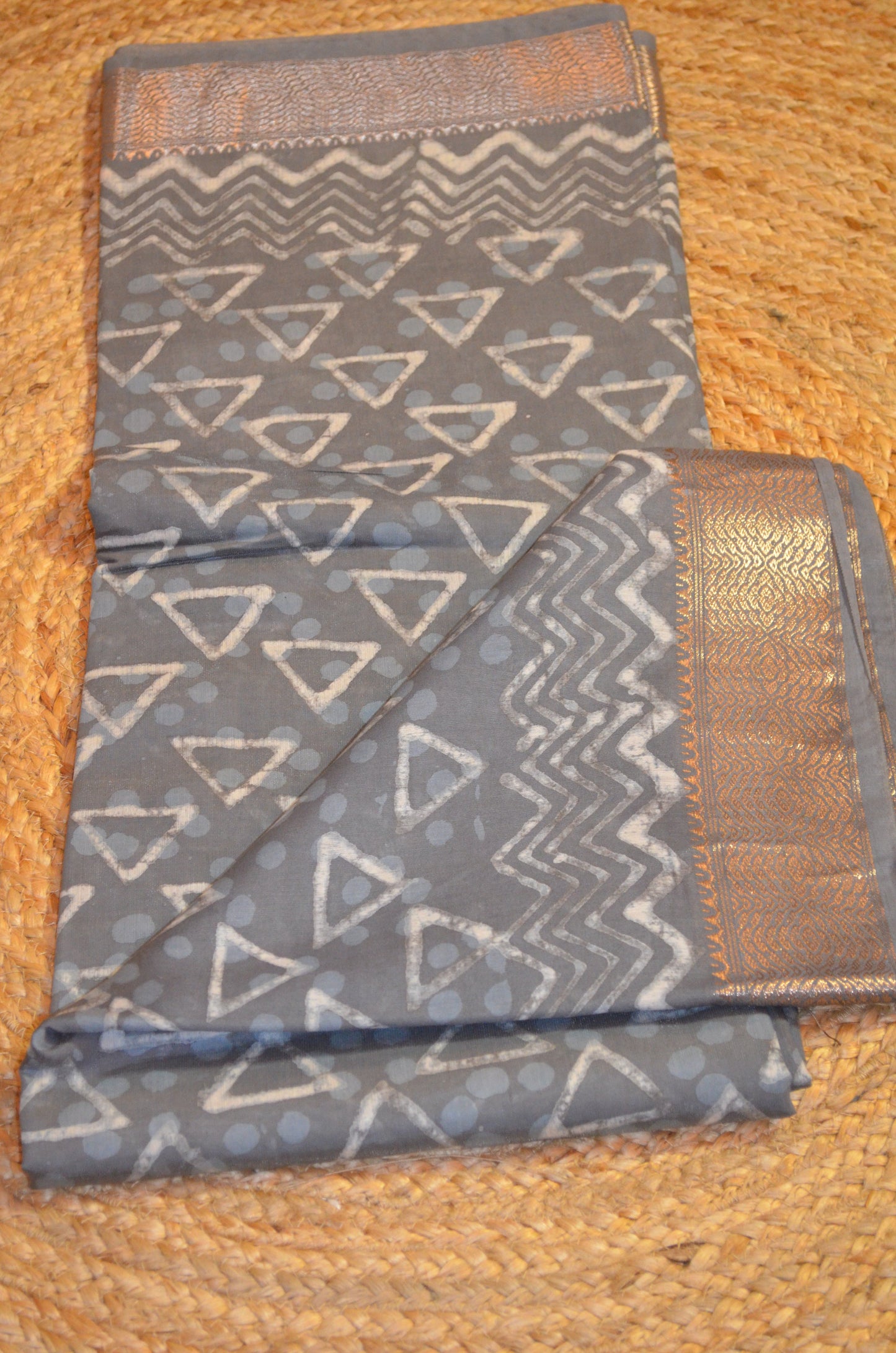 Steel Maheshwari Dabu Block Print Vegan Silk Handloom Saree