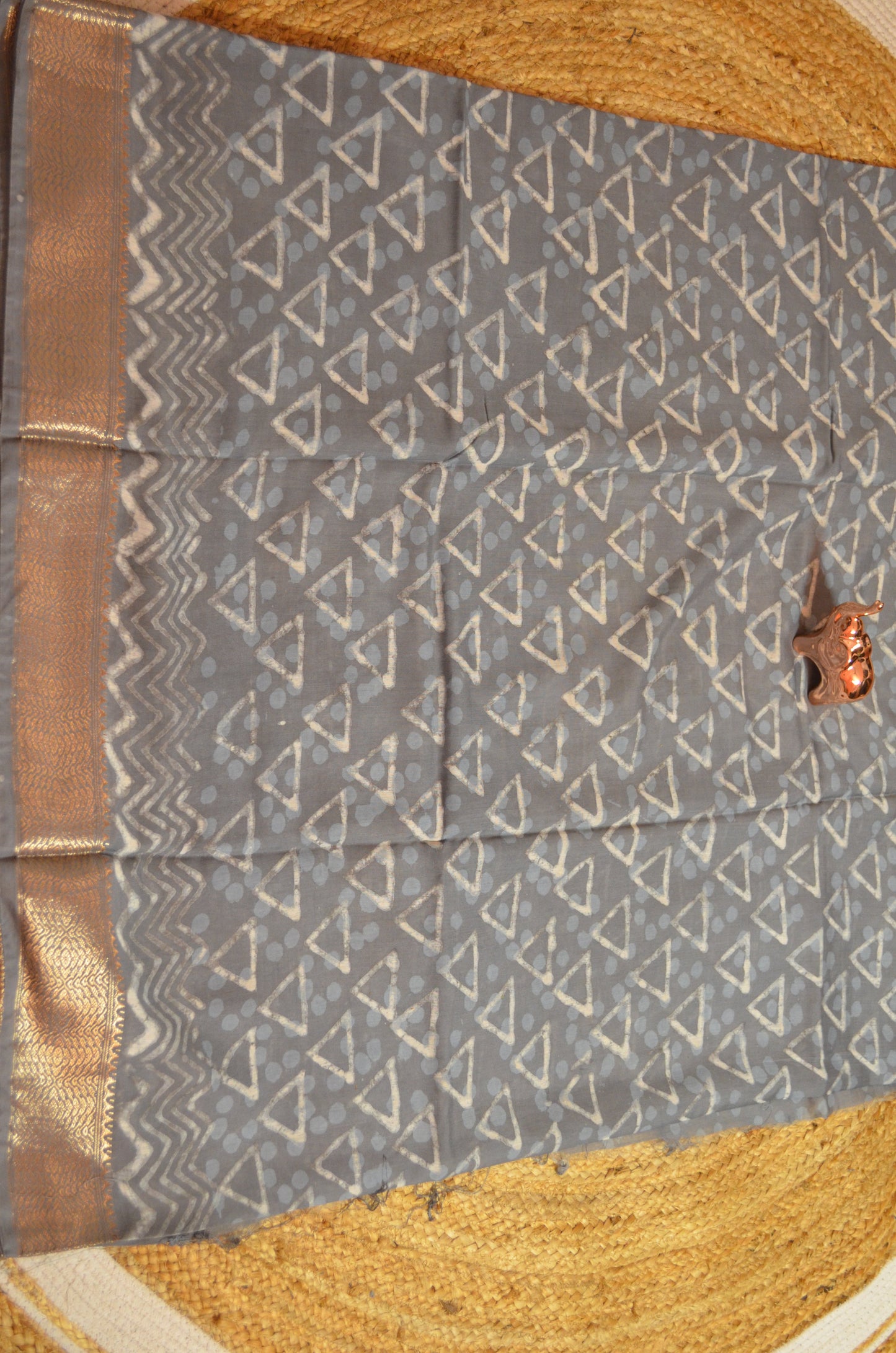 Steel Maheshwari Dabu Block Print Vegan Silk Handloom Saree