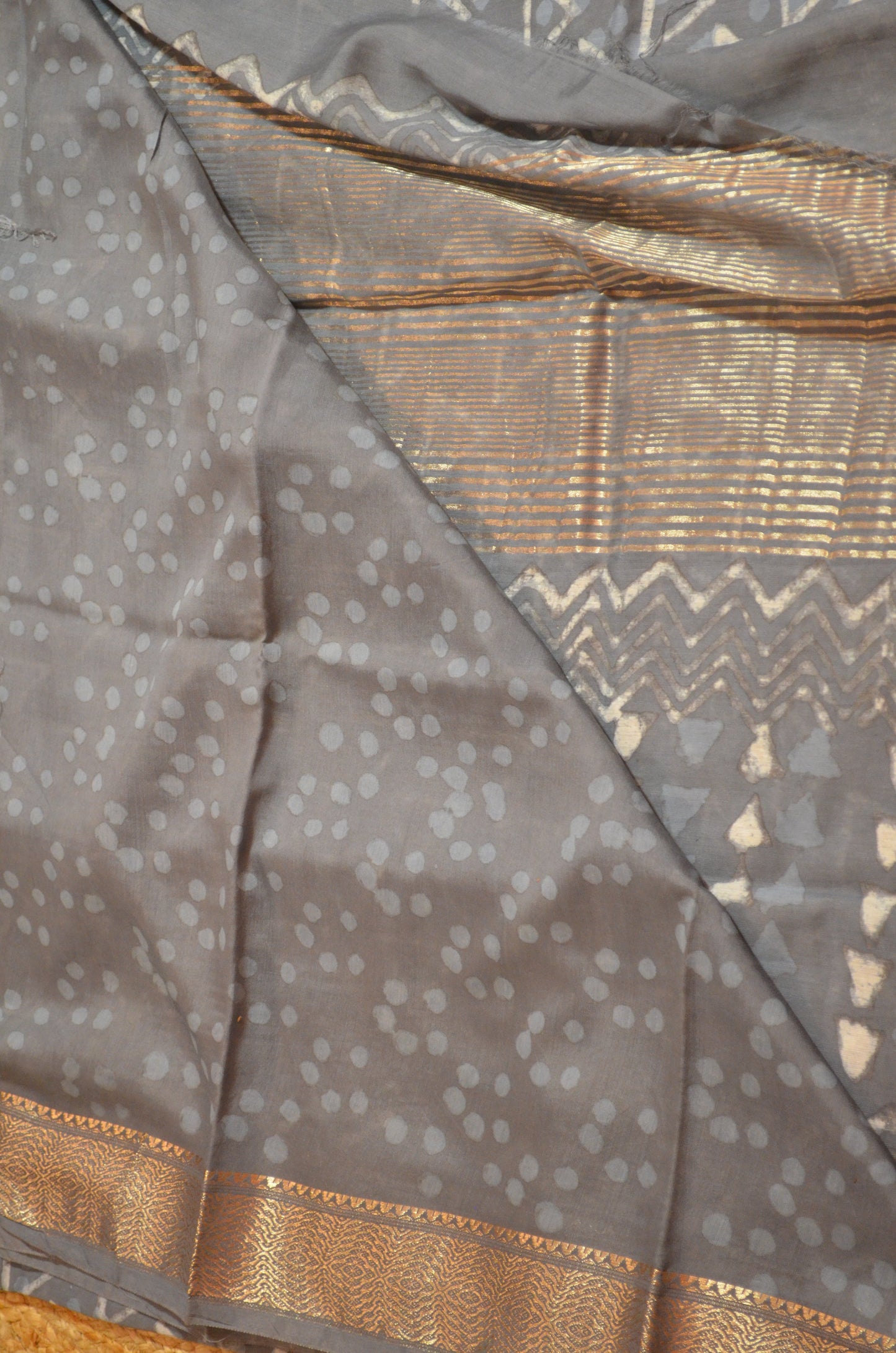 Steel Maheshwari Dabu Block Print Vegan Silk Handloom Saree