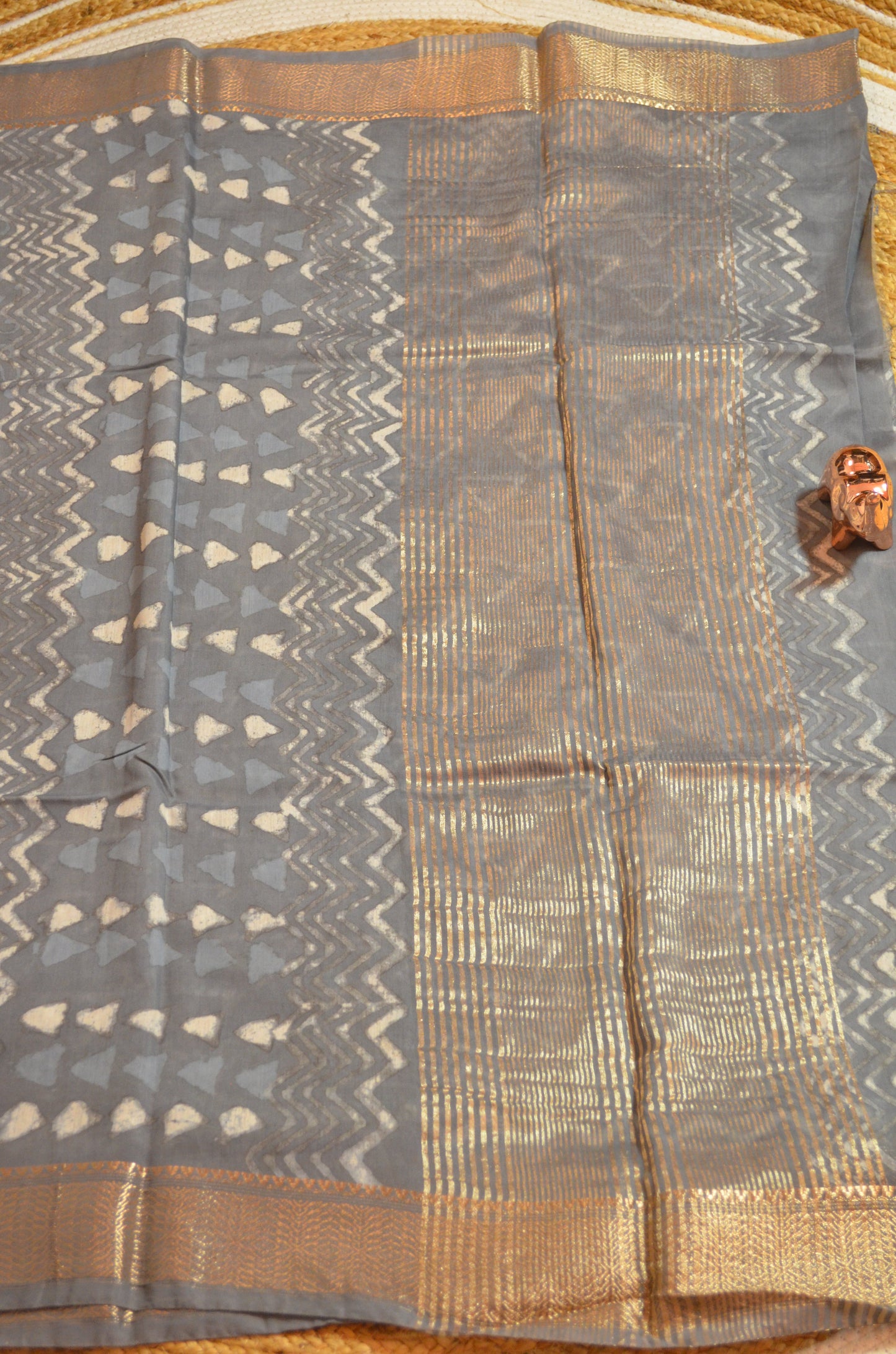 Steel Maheshwari Dabu Block Print Vegan Silk Handloom Saree