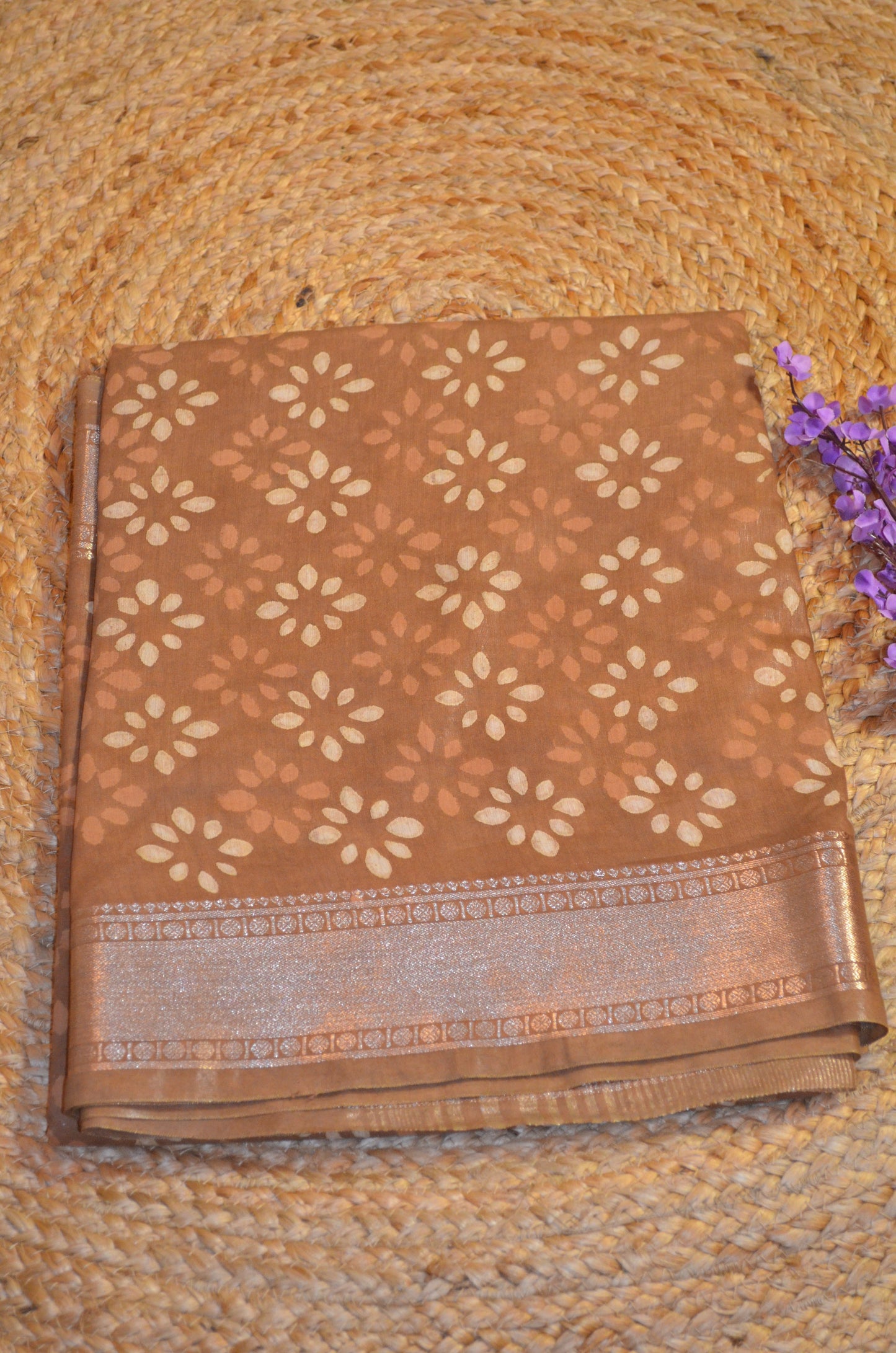 Chocolate Maheshwari Dabu Block Print Vegan Silk Handloom Saree