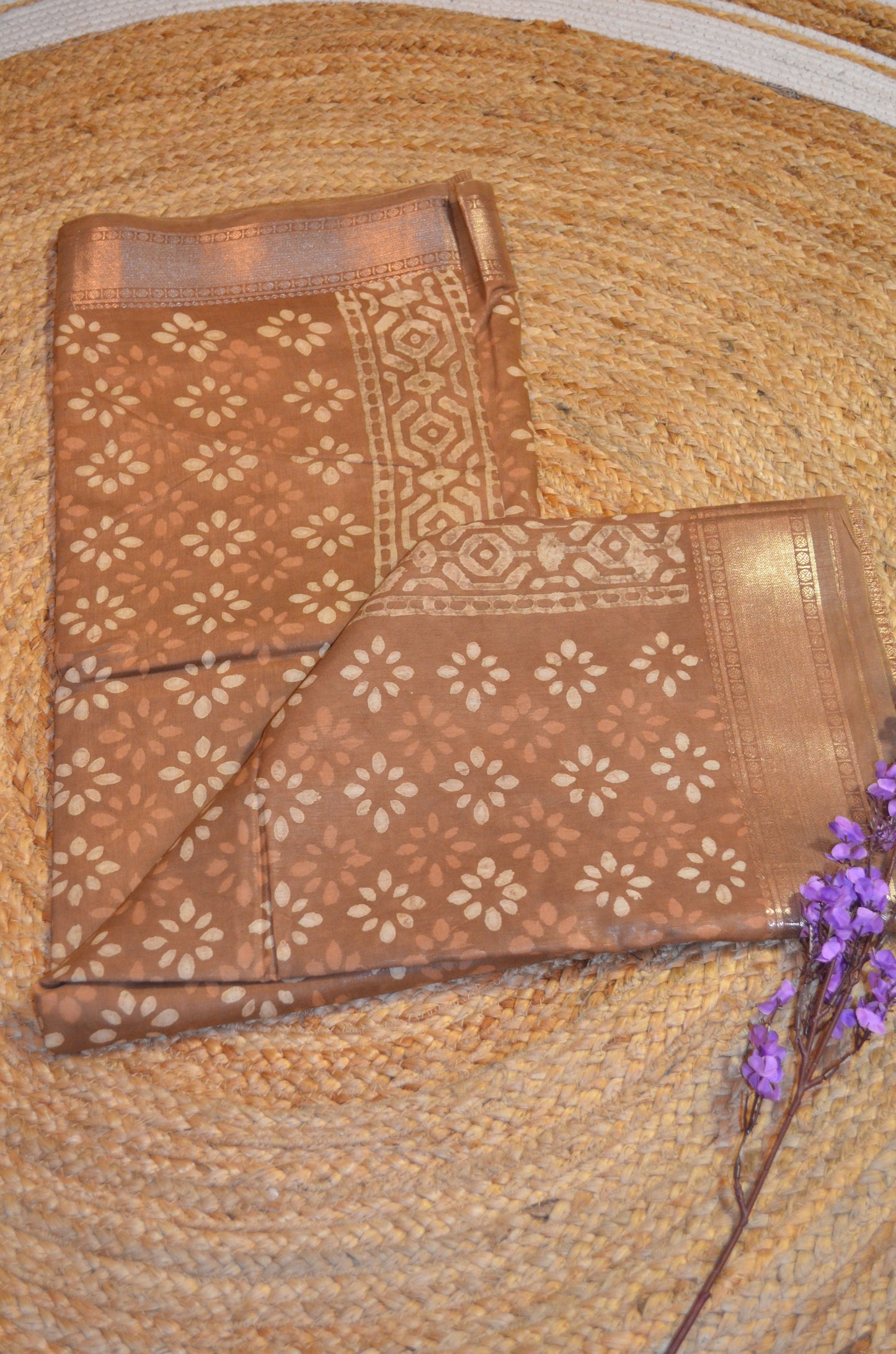 Chocolate Maheshwari Dabu Block Print Vegan Silk Handloom Saree