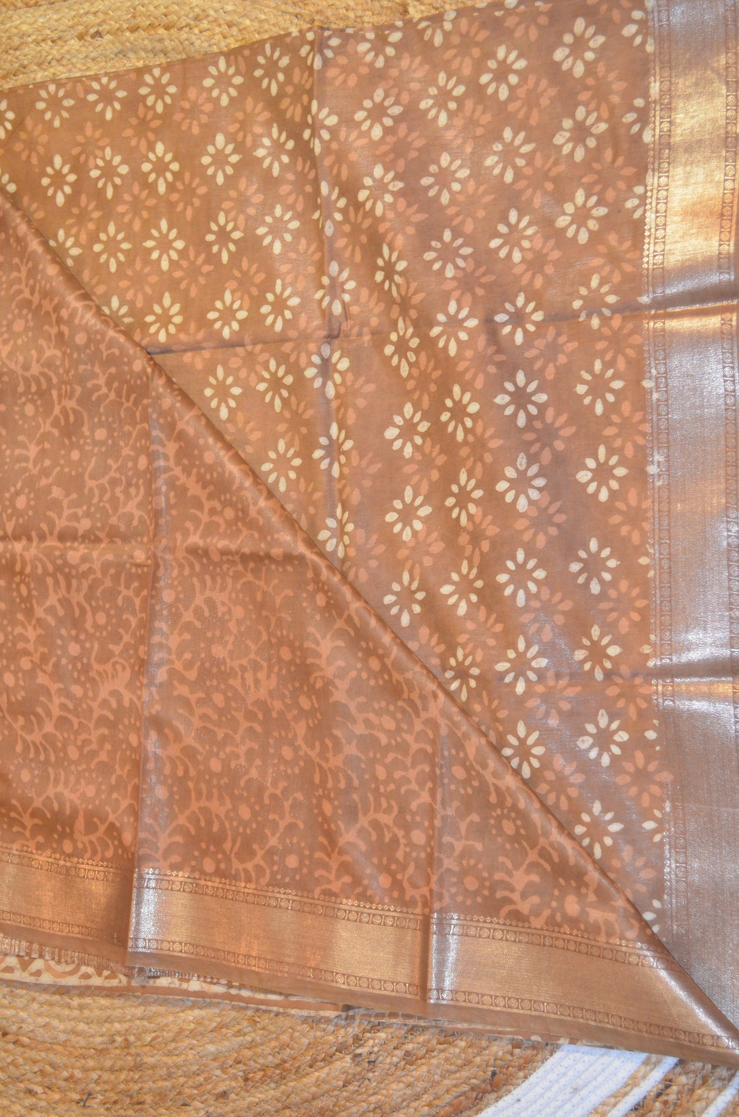 Chocolate Maheshwari Dabu Block Print Vegan Silk Handloom Saree