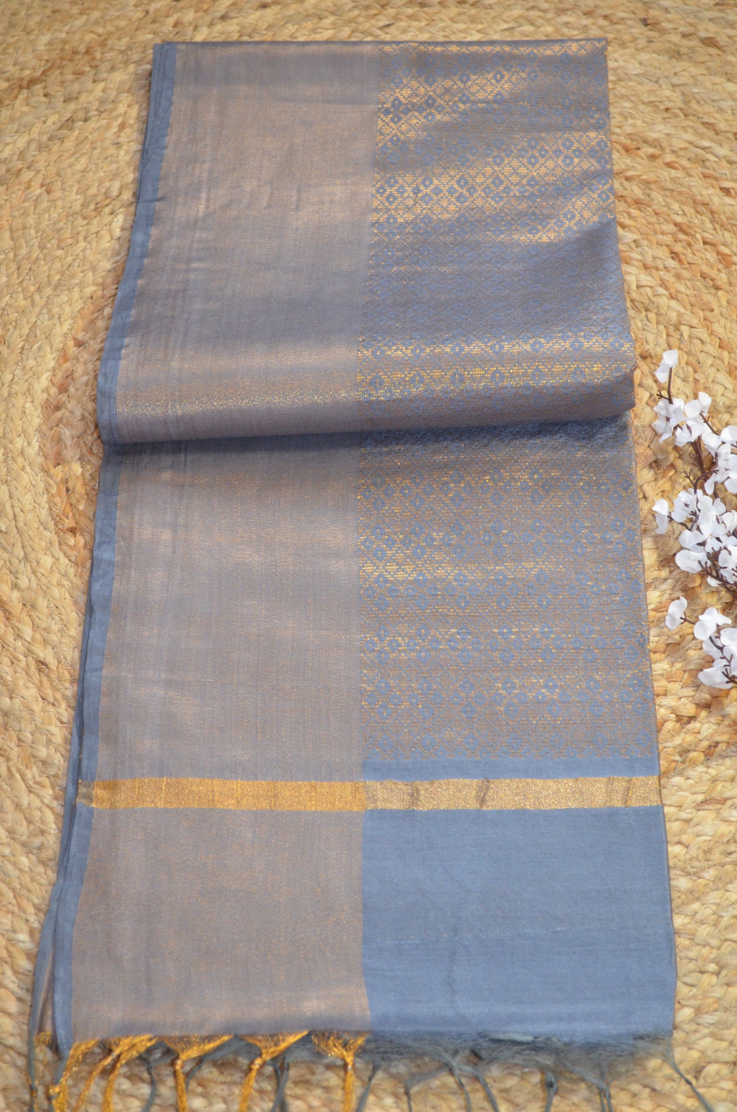 Slate Blue Kanjeevaram Zari Vegan Silk Handloom Saree