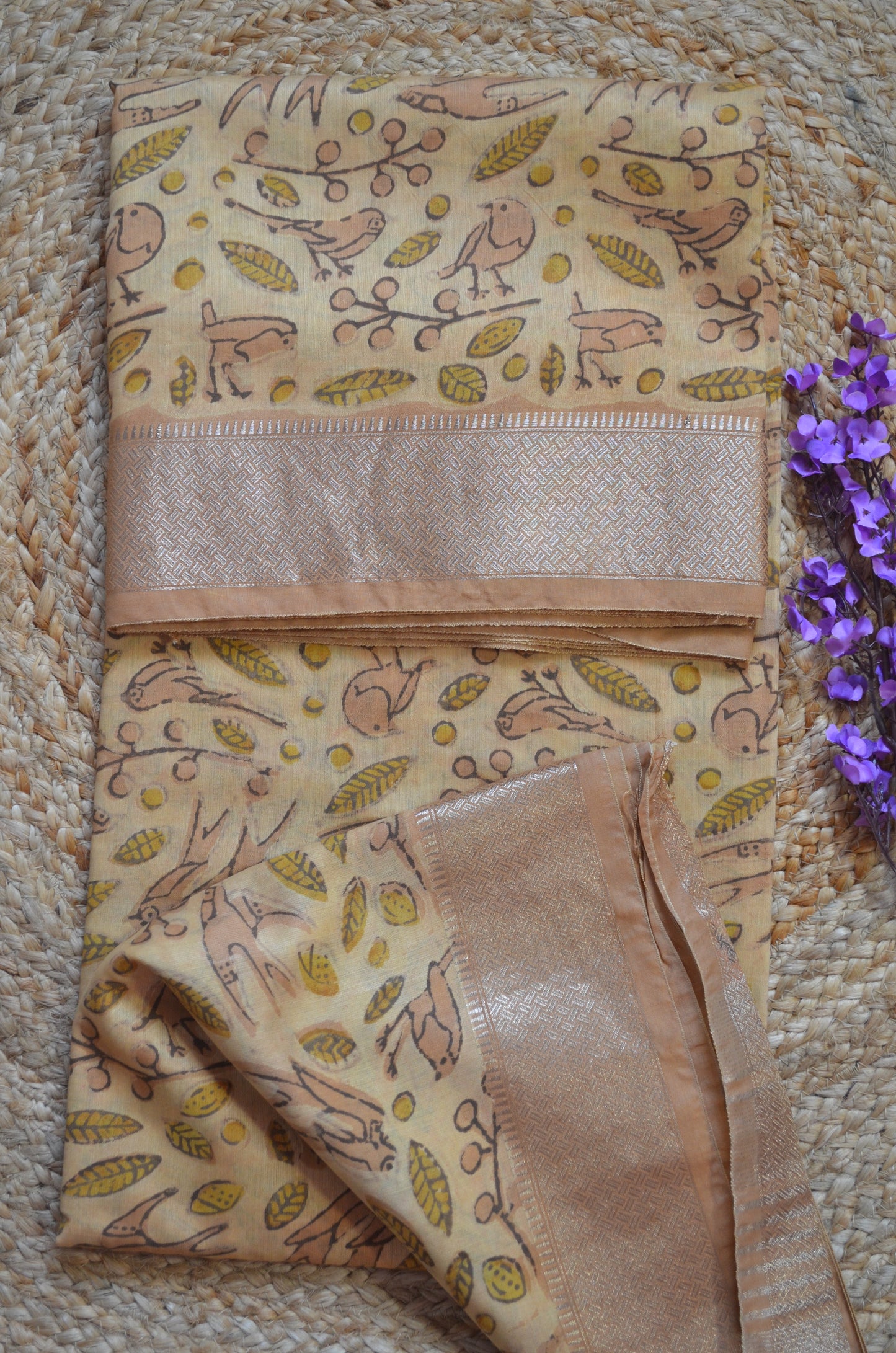Beige Multani Block Print Vegan Silk Handloom Saree
