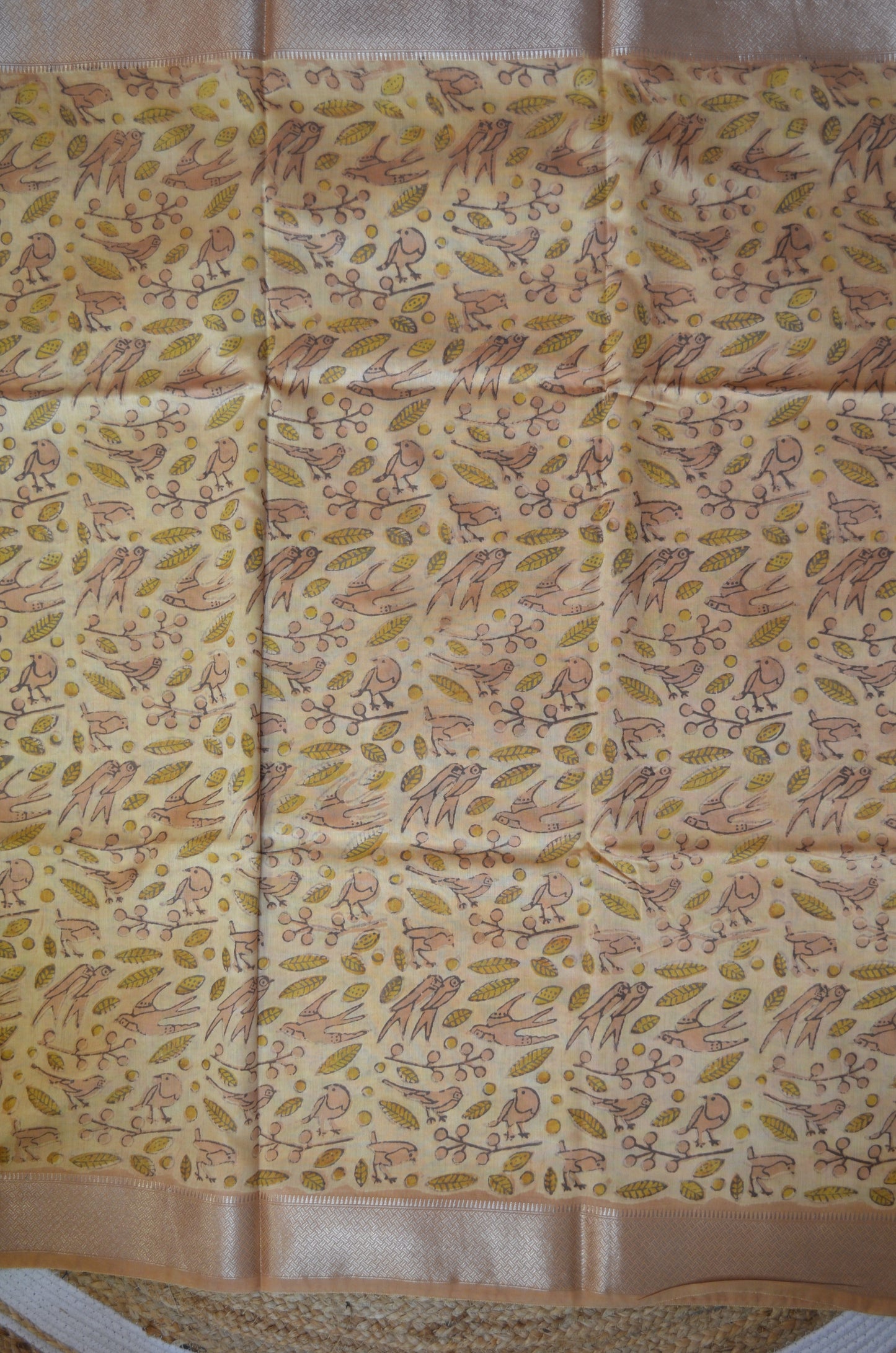 Beige Multani Block Print Vegan Silk Handloom Saree
