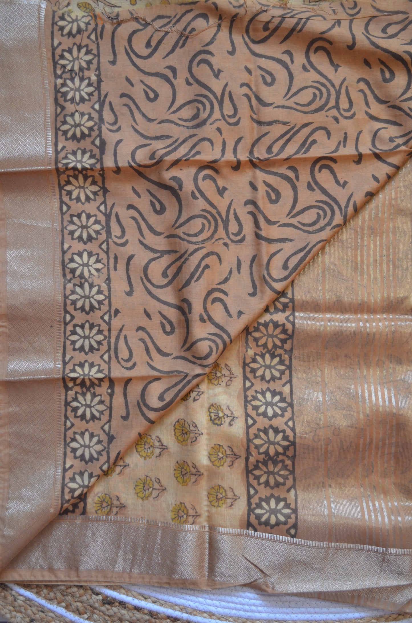 Beige Multani Block Print Vegan Silk Handloom Saree