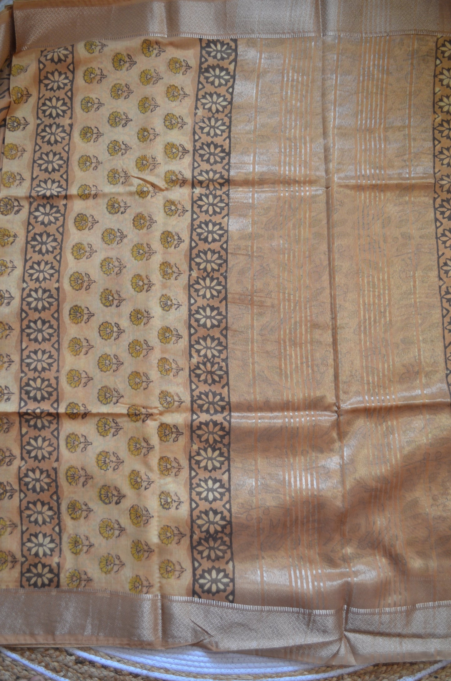Beige Multani Block Print Vegan Silk Handloom Saree