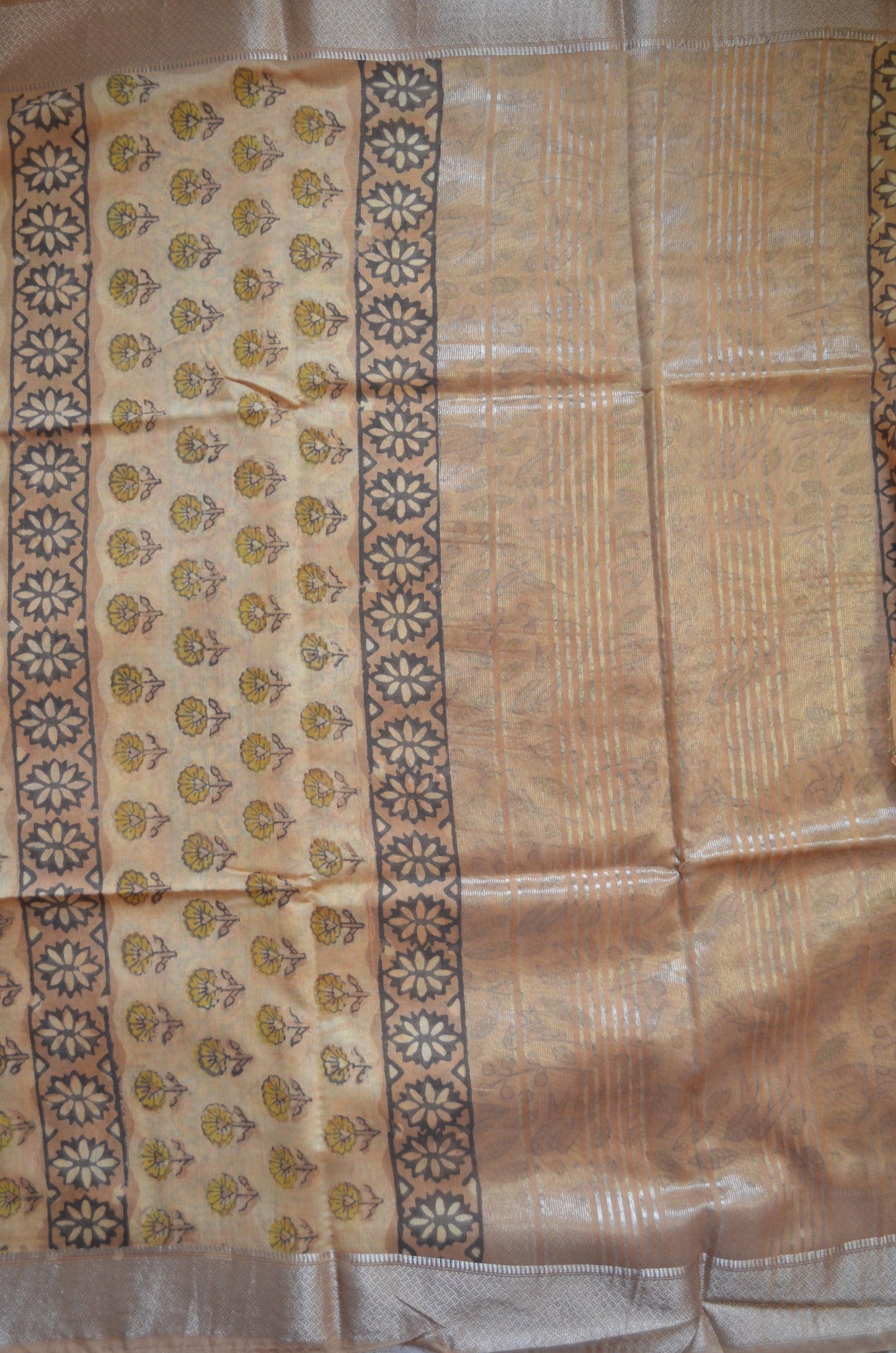 Beige Multani Block Print Vegan Silk Handloom Saree