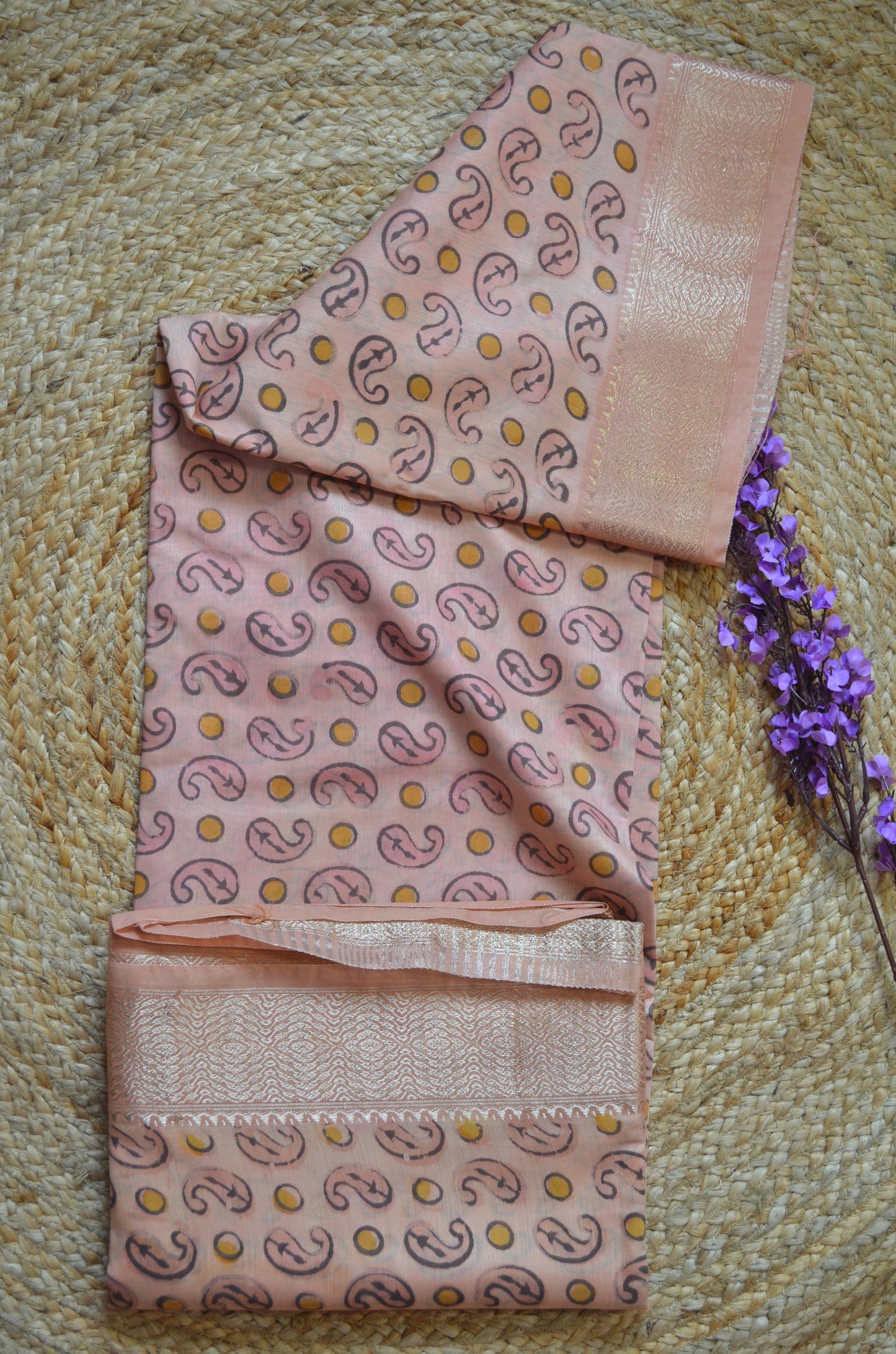 Peach Multani Block Print Vegan Silk Handloom Saree