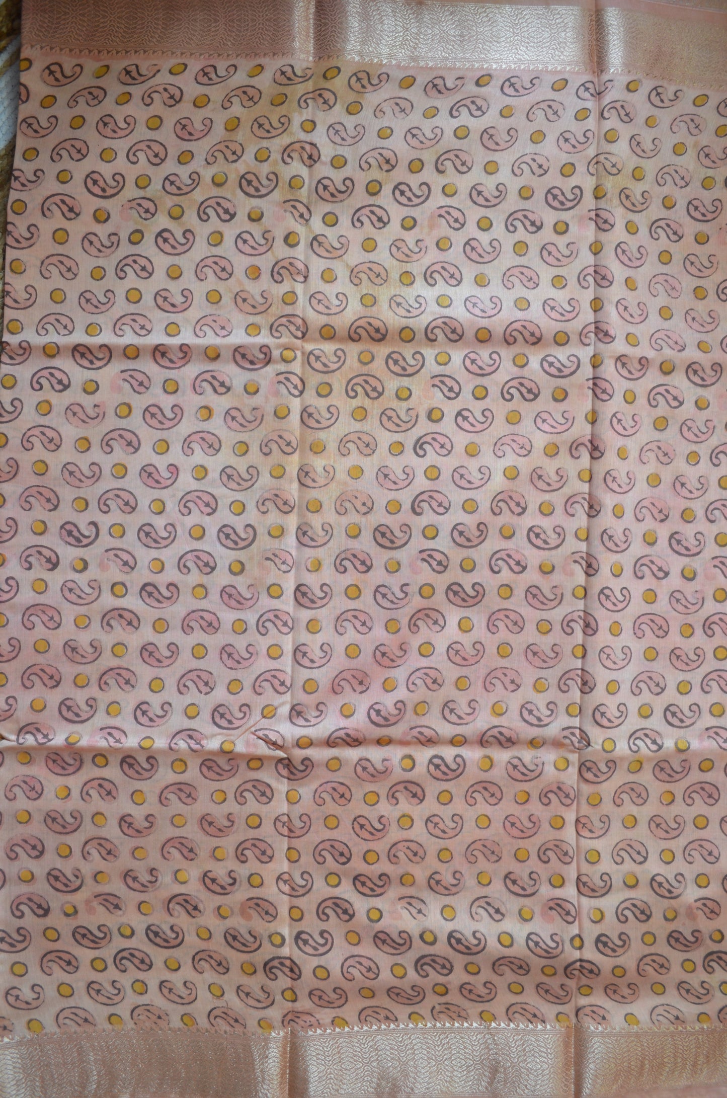 Peach Multani Block Print Vegan Silk Handloom Saree