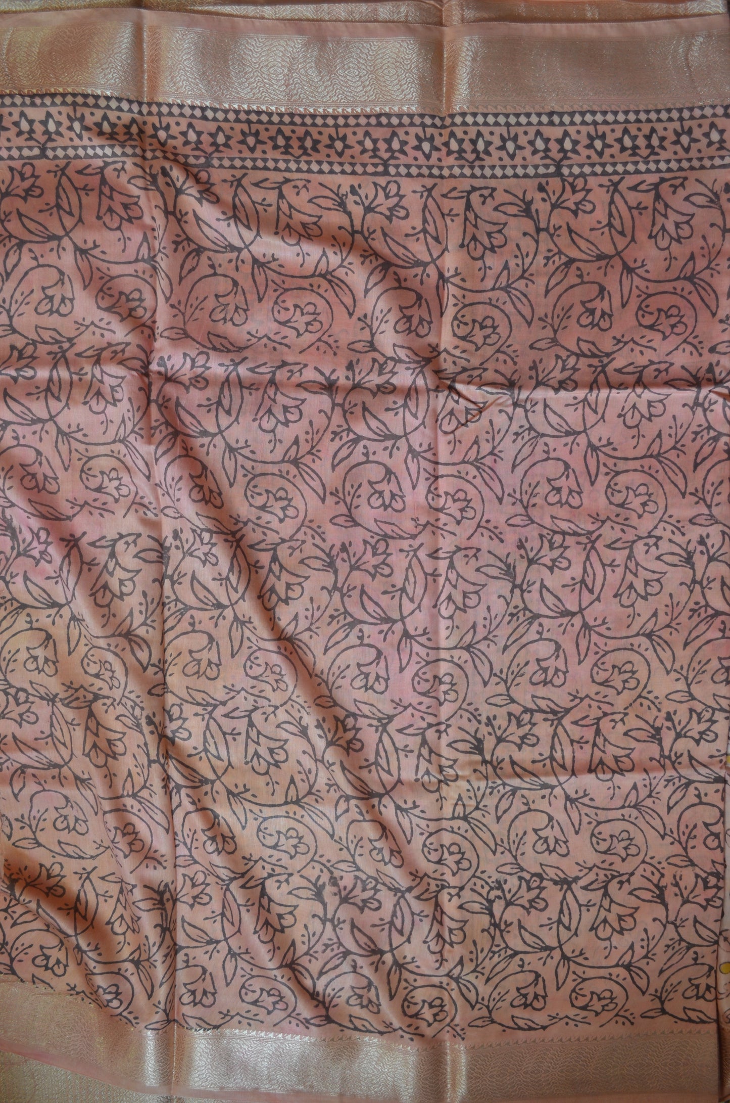 Peach Multani Block Print Vegan Silk Handloom Saree