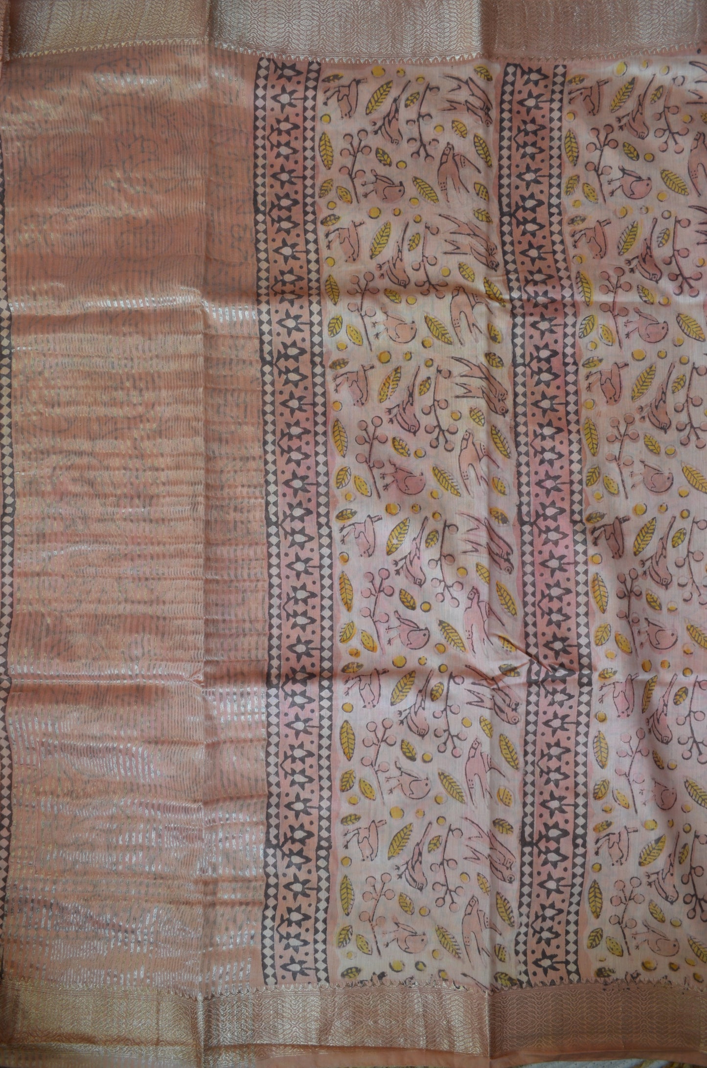 Peach Multani Block Print Vegan Silk Handloom Saree