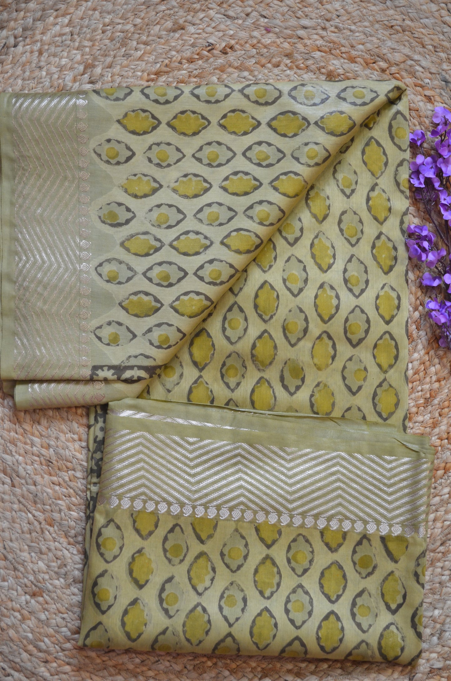 Olive Multani Block Print Vegan Silk Handloom Saree