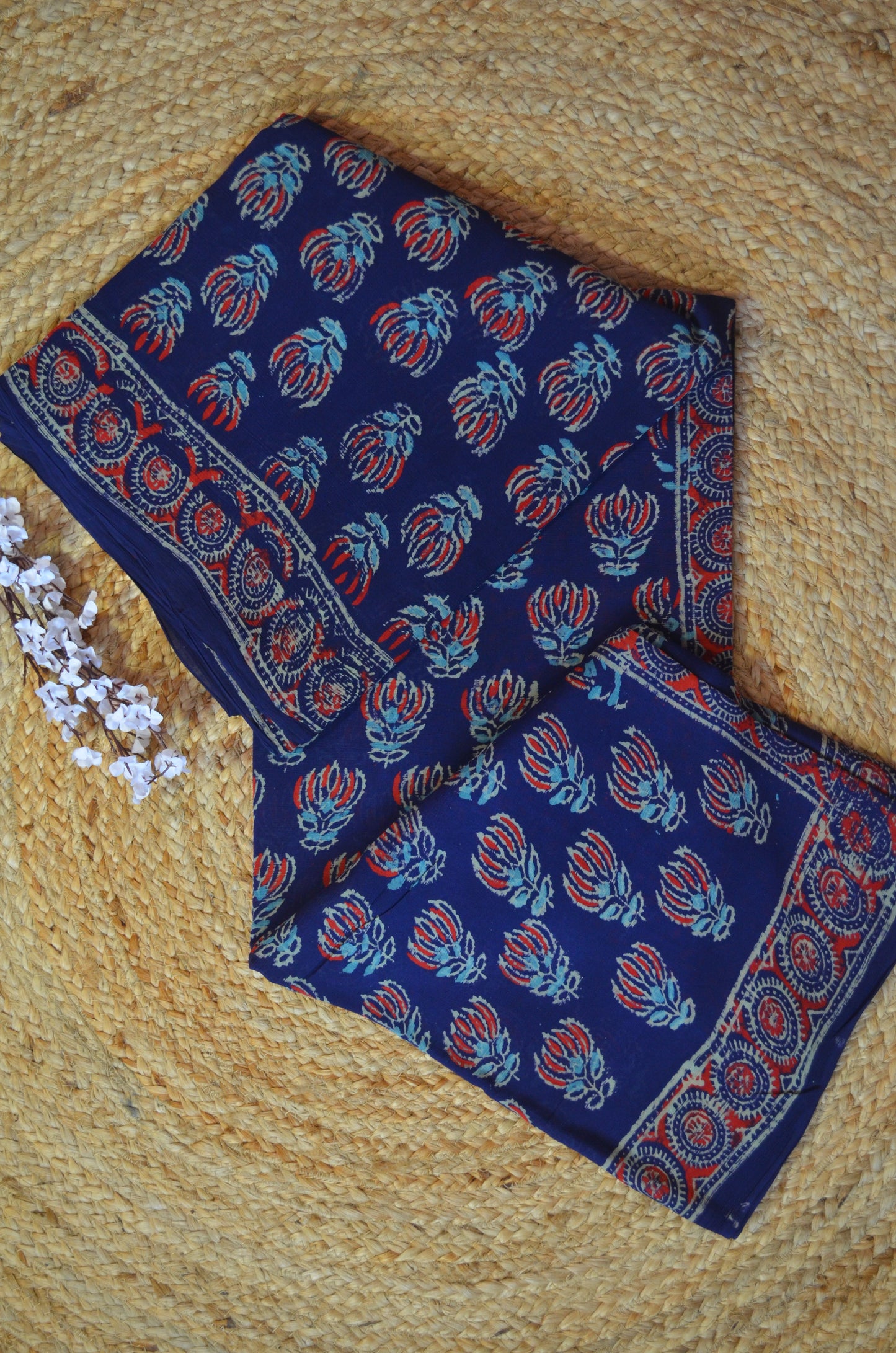 Navy Chiffon Bagru Print Vegan Silk Handloom Saree