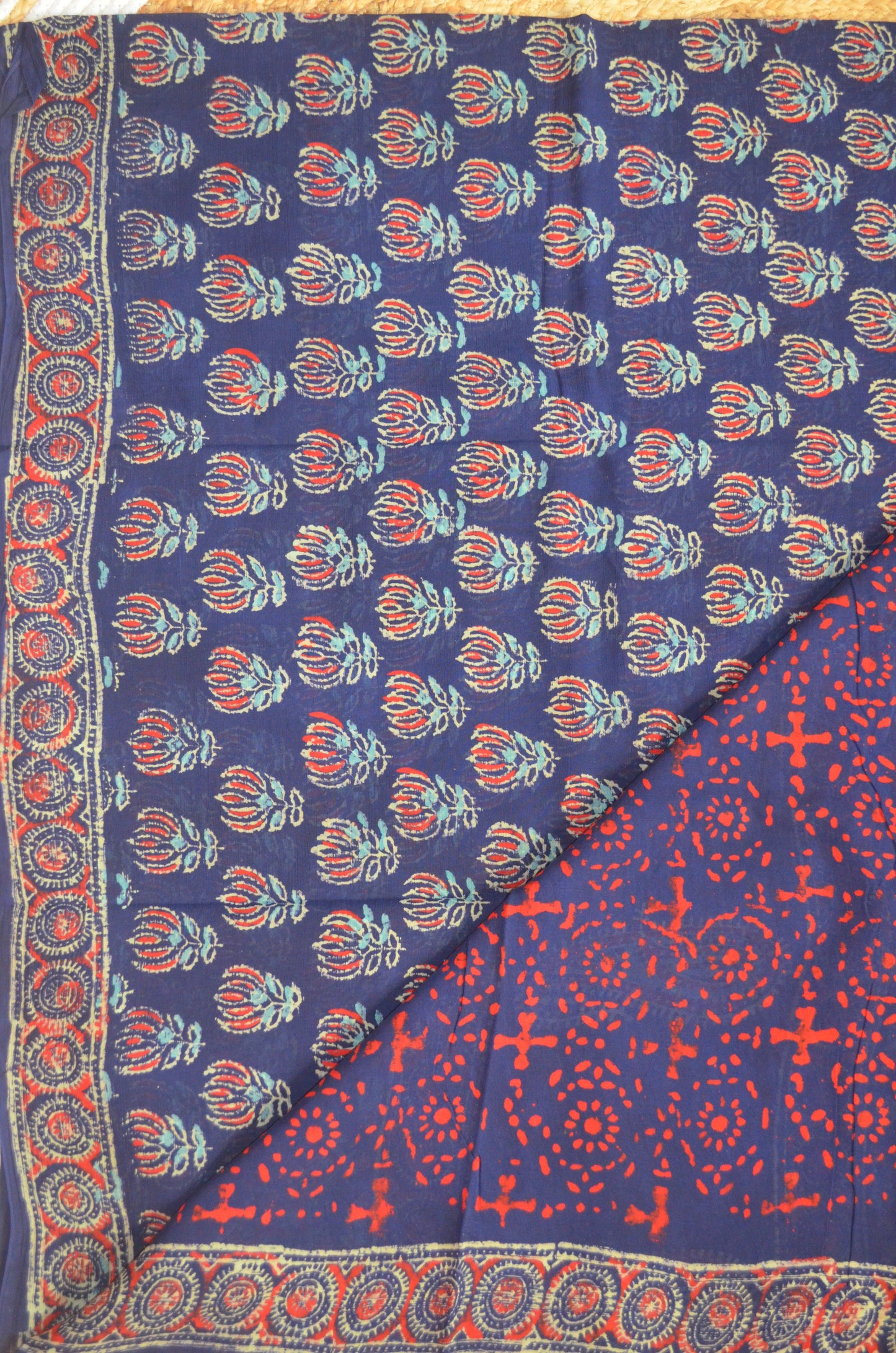 Navy Chiffon Bagru Print Vegan Silk Handloom Saree