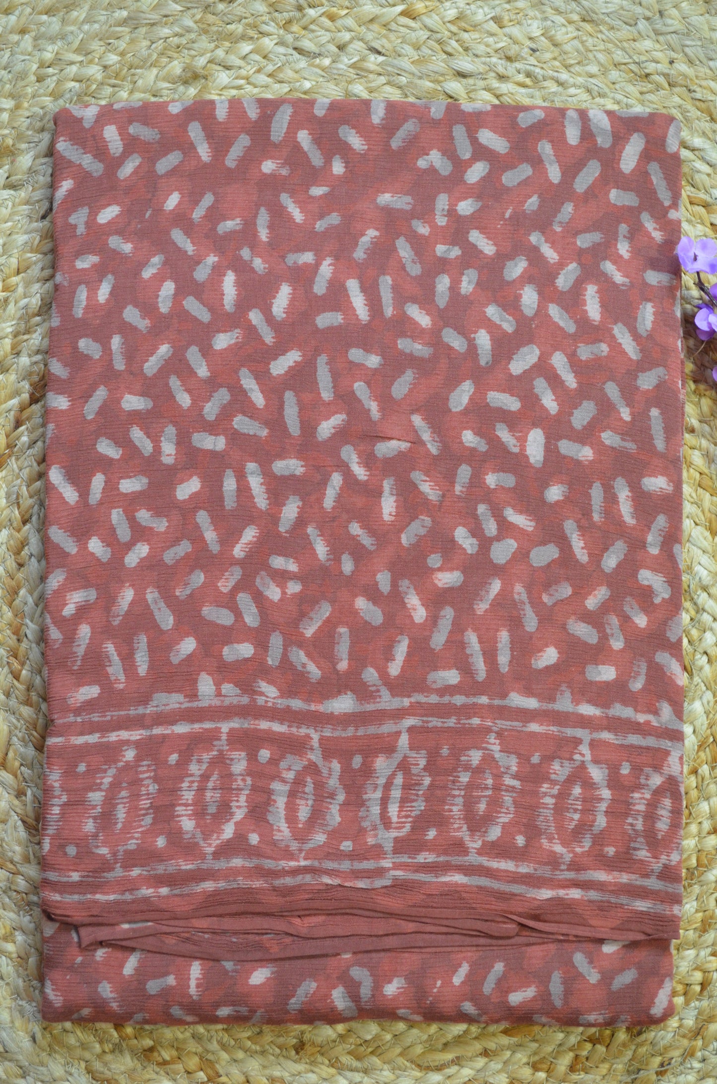 Rust Chiffon Bagru Print Vegan Silk Handloom Saree