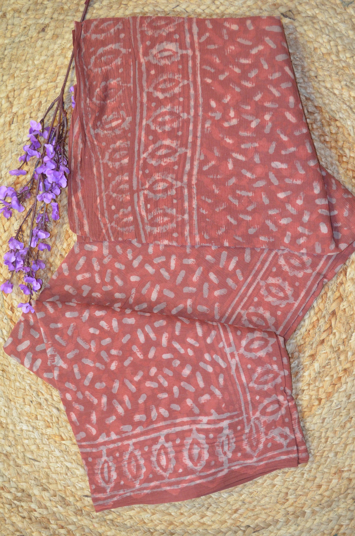 Rust Chiffon Bagru Print Vegan Silk Handloom Saree