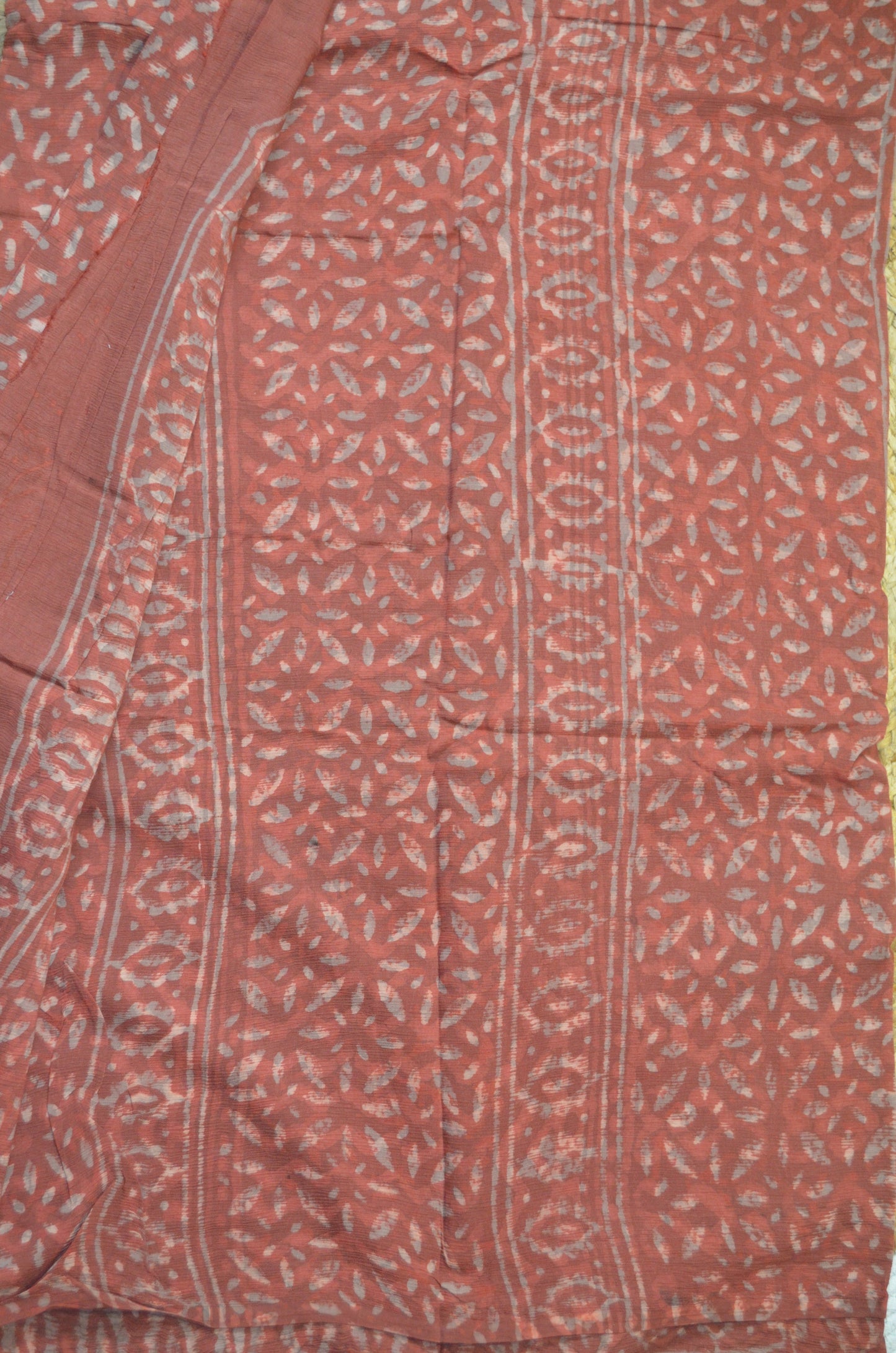 Rust Chiffon Bagru Print Vegan Silk Handloom Saree