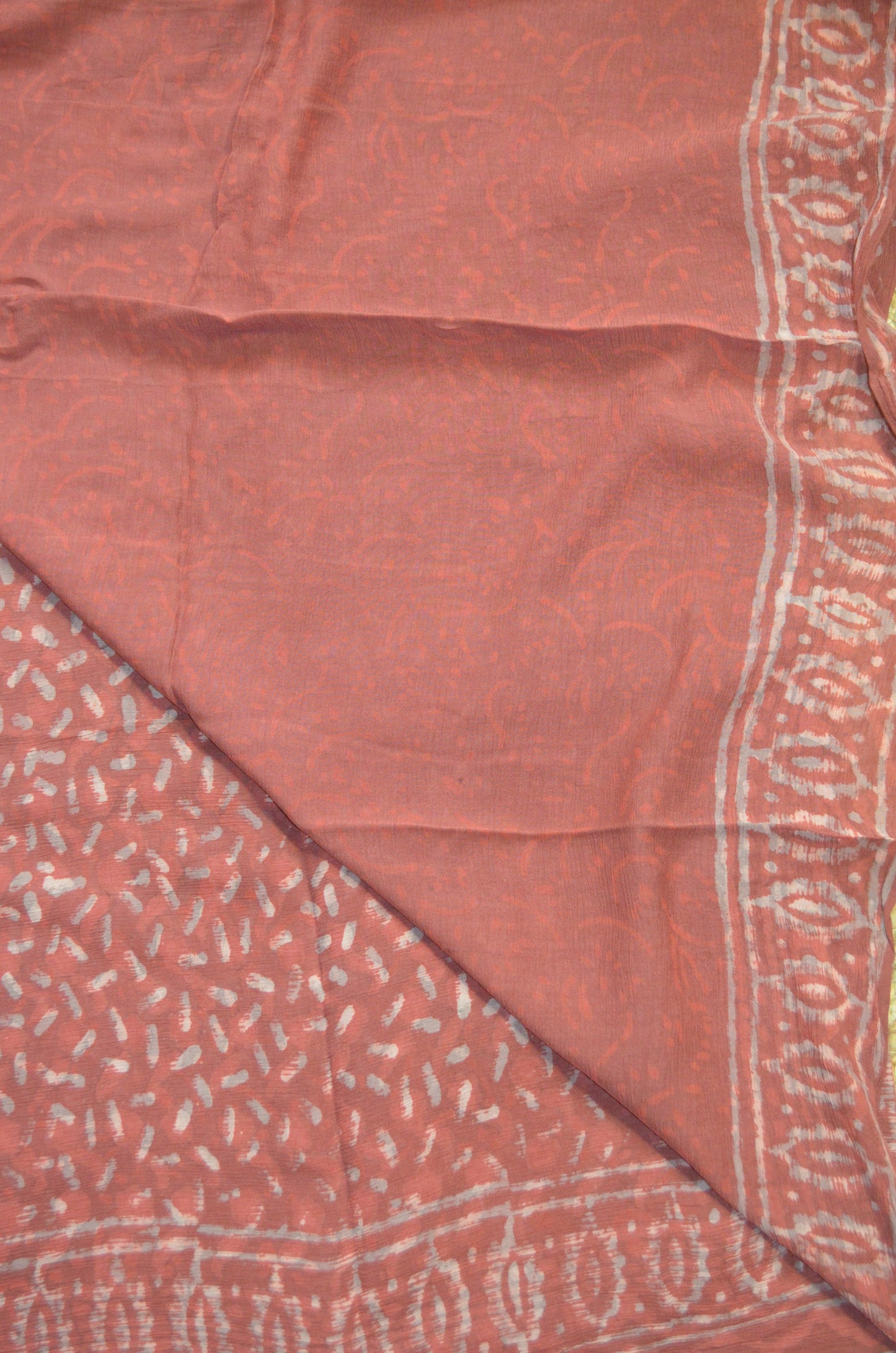 Rust Chiffon Bagru Print Vegan Silk Handloom Saree