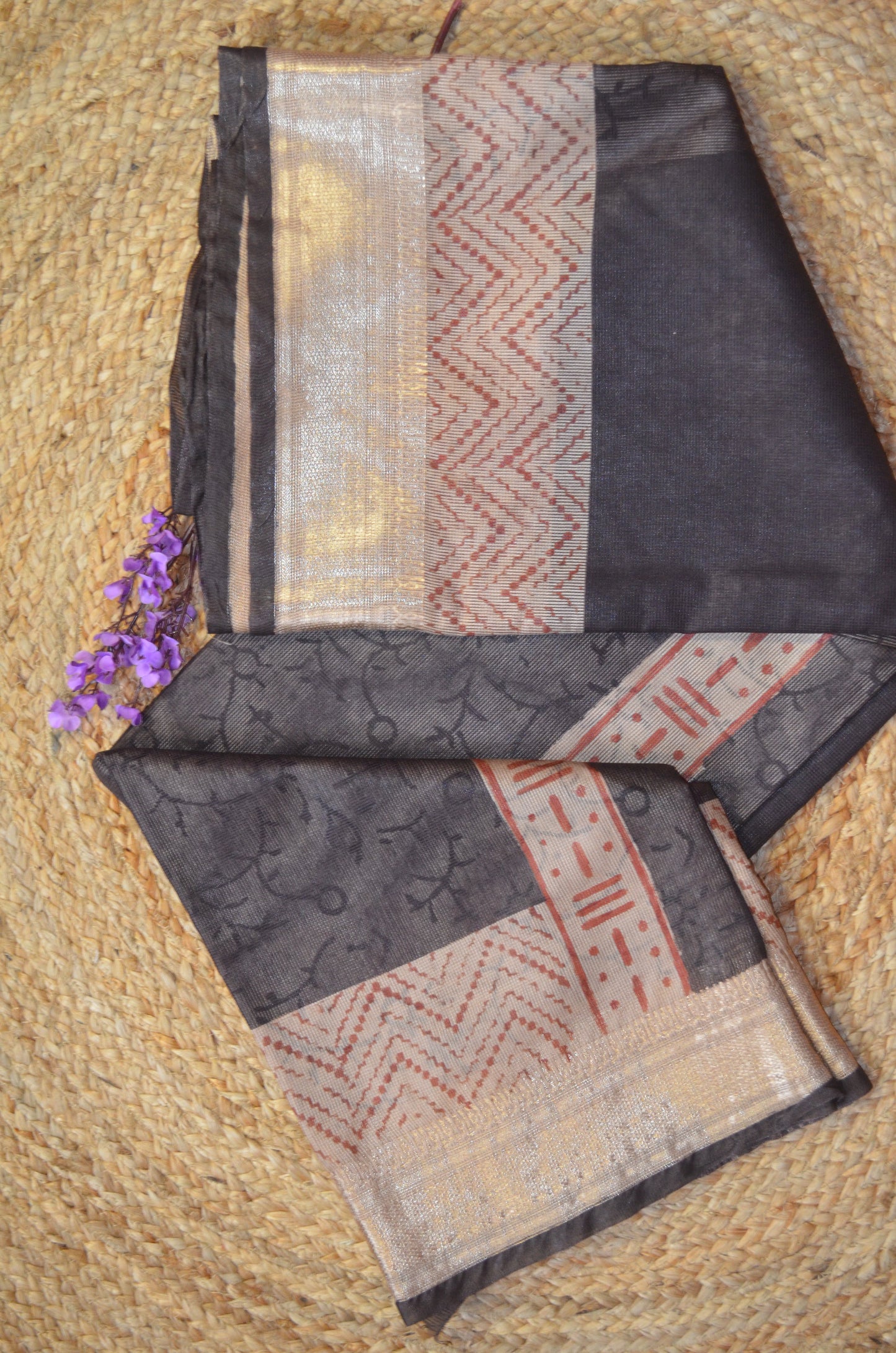 Black Kota Bagru Print Vegan Silk Handloom Saree