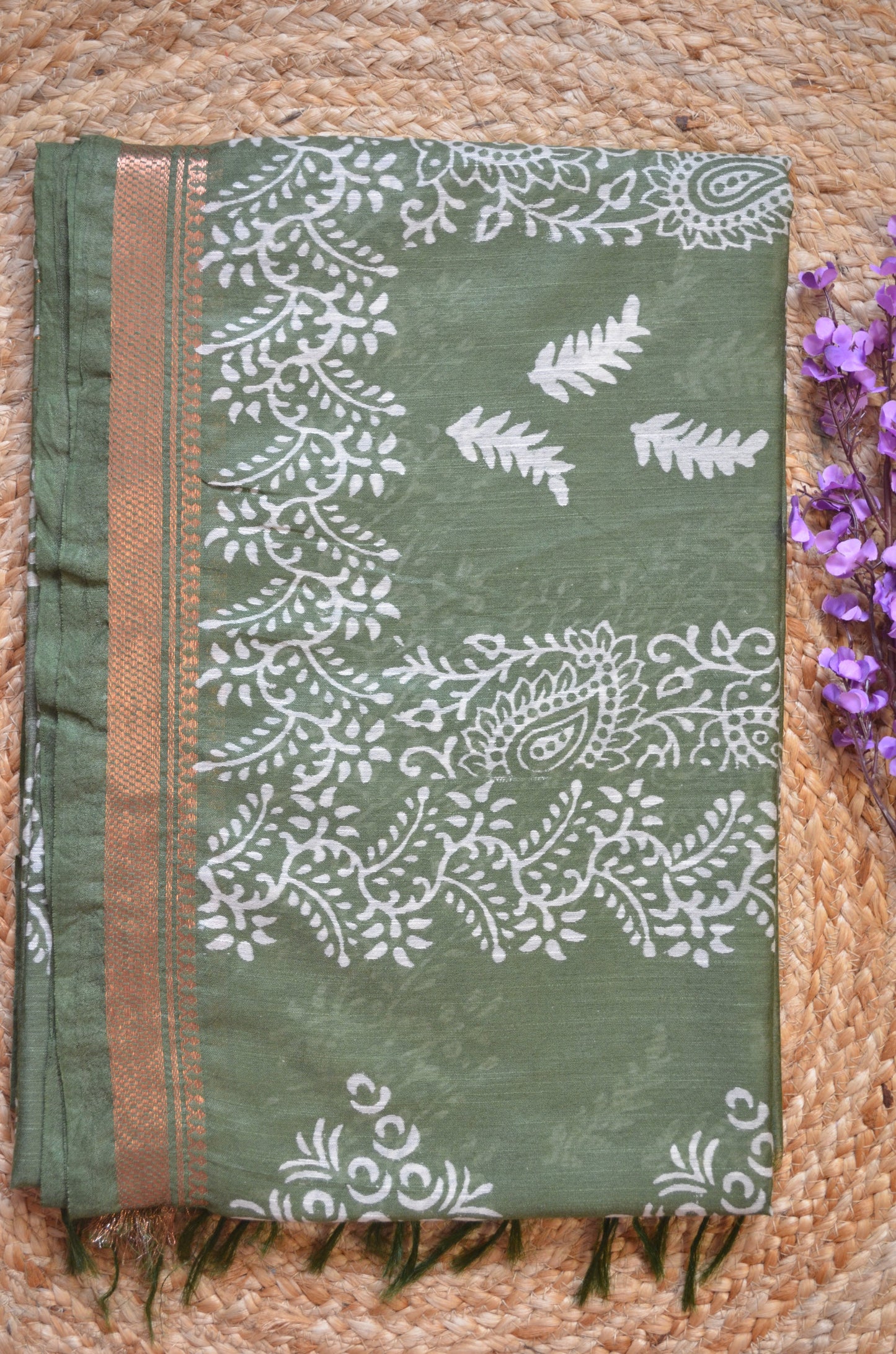 Olive Block Print Vegan Silk Saree
