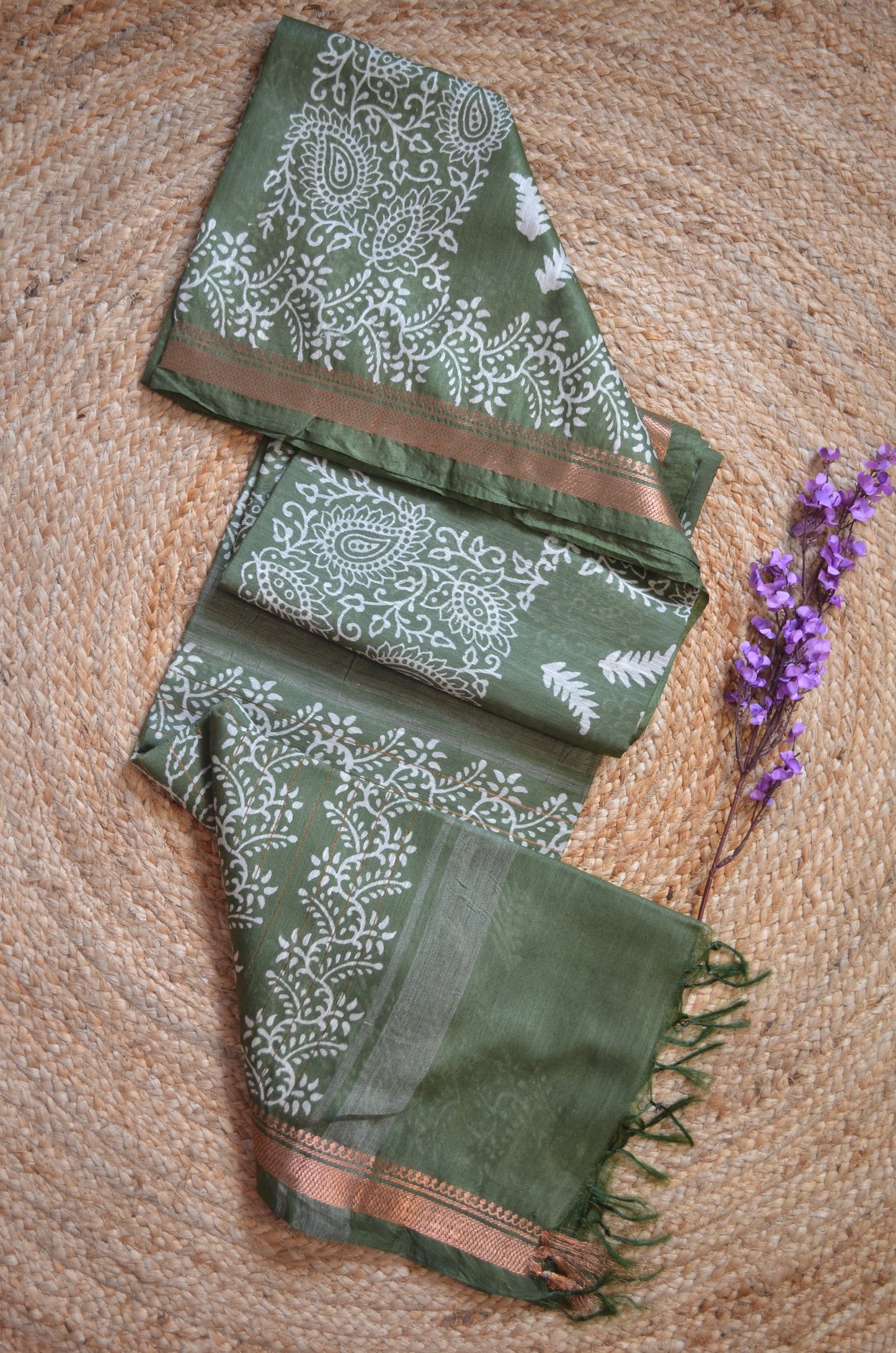 Olive Block Print Vegan Silk Saree