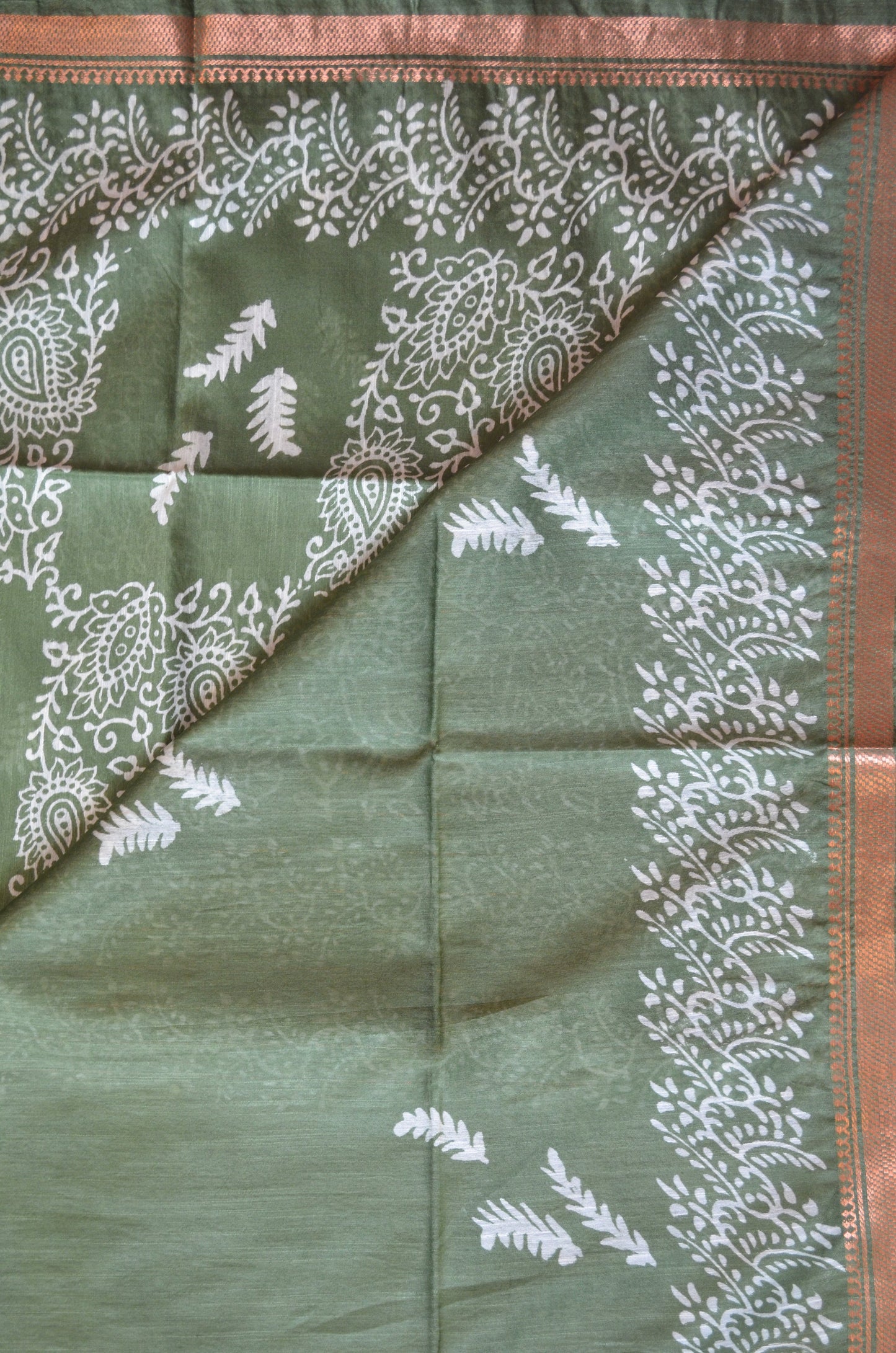 Olive Block Print Vegan Silk Saree