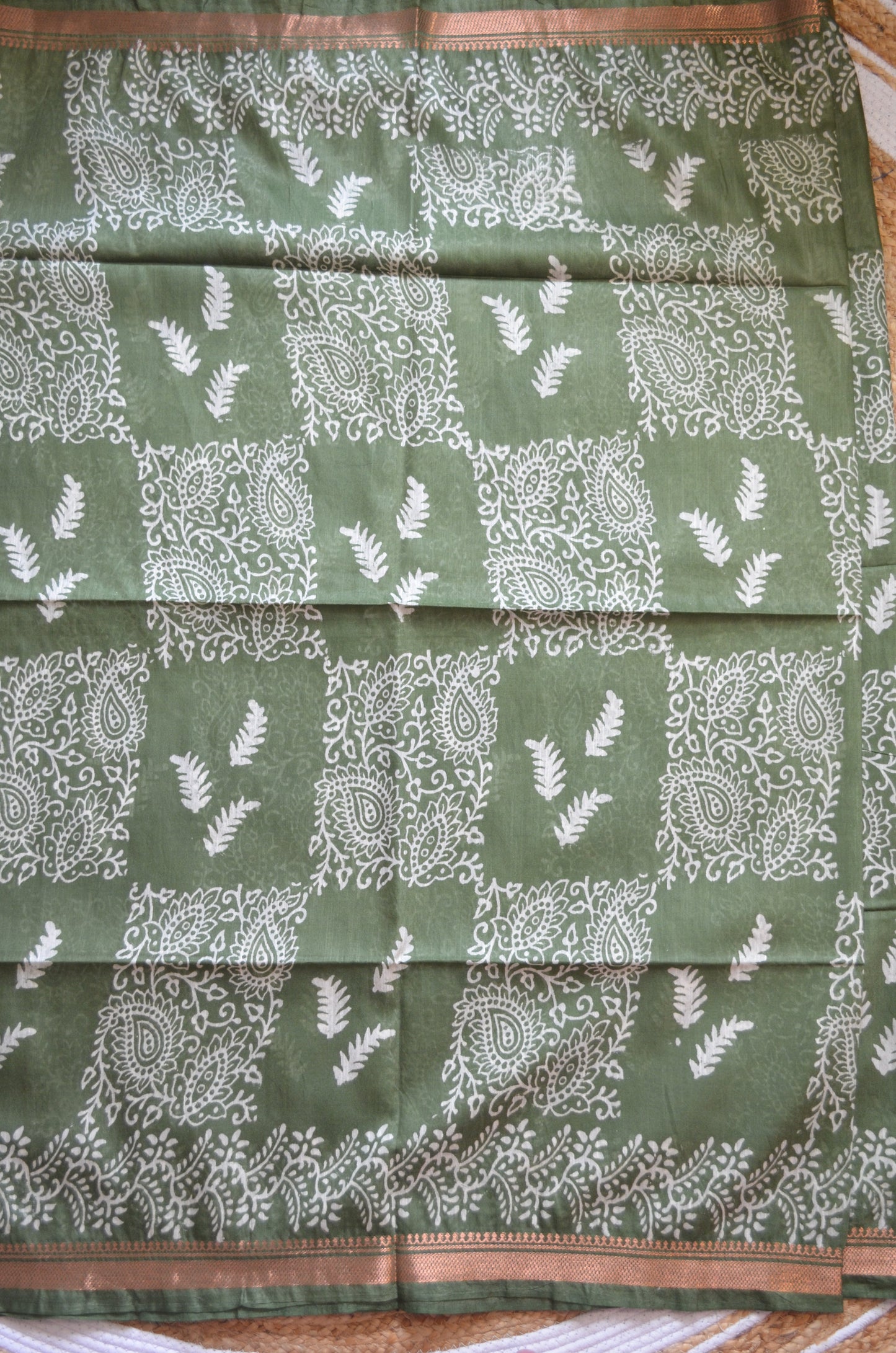 Olive Block Print Vegan Silk Saree