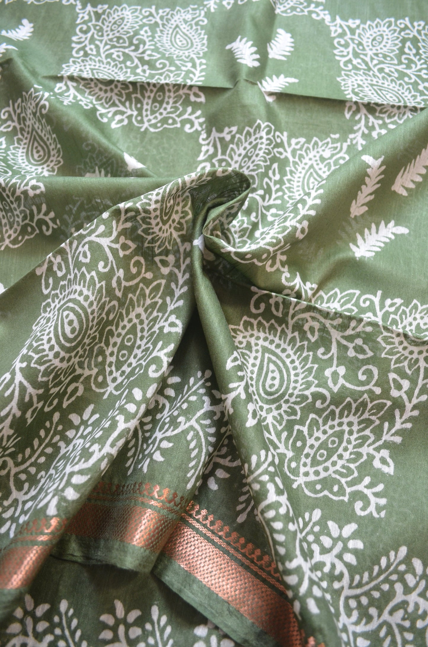 Olive Block Print Vegan Silk Saree