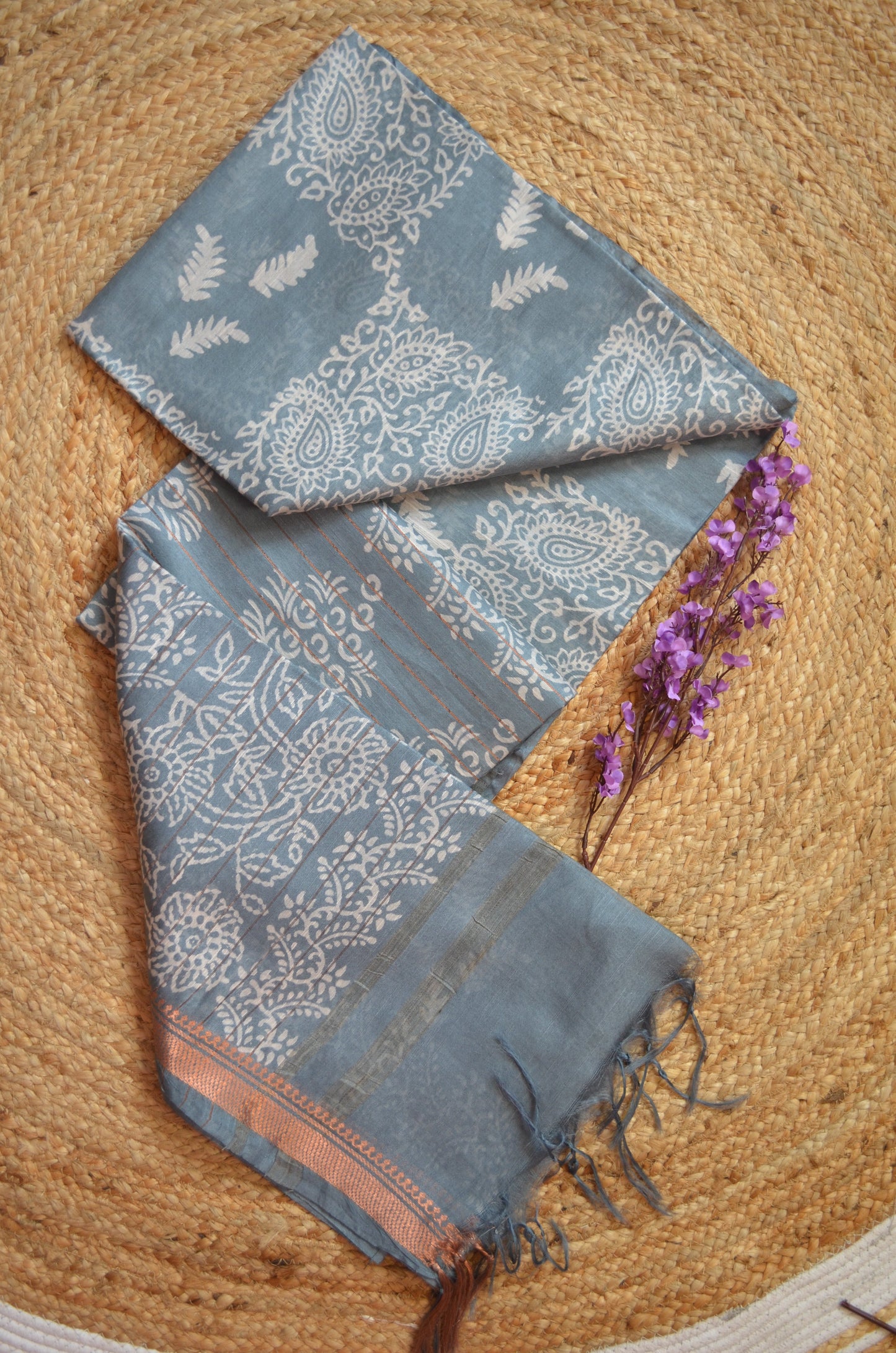 Grey Block Print Vegan Silk Saree
