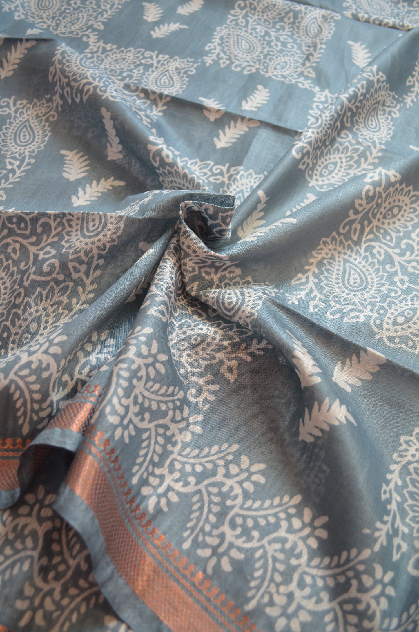 Grey Block Print Vegan Silk Saree