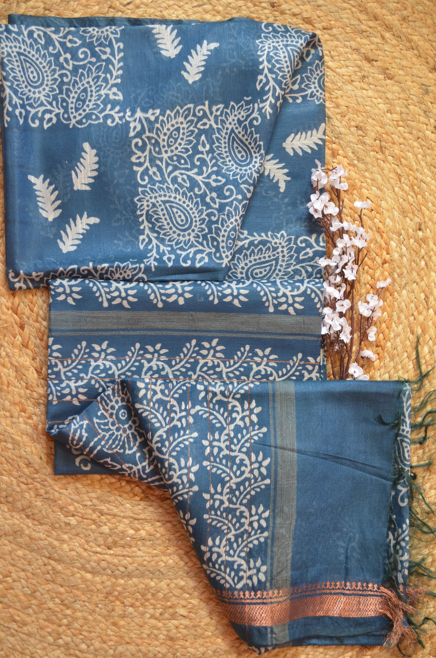 Indigo Block Print Vegan Silk Saree