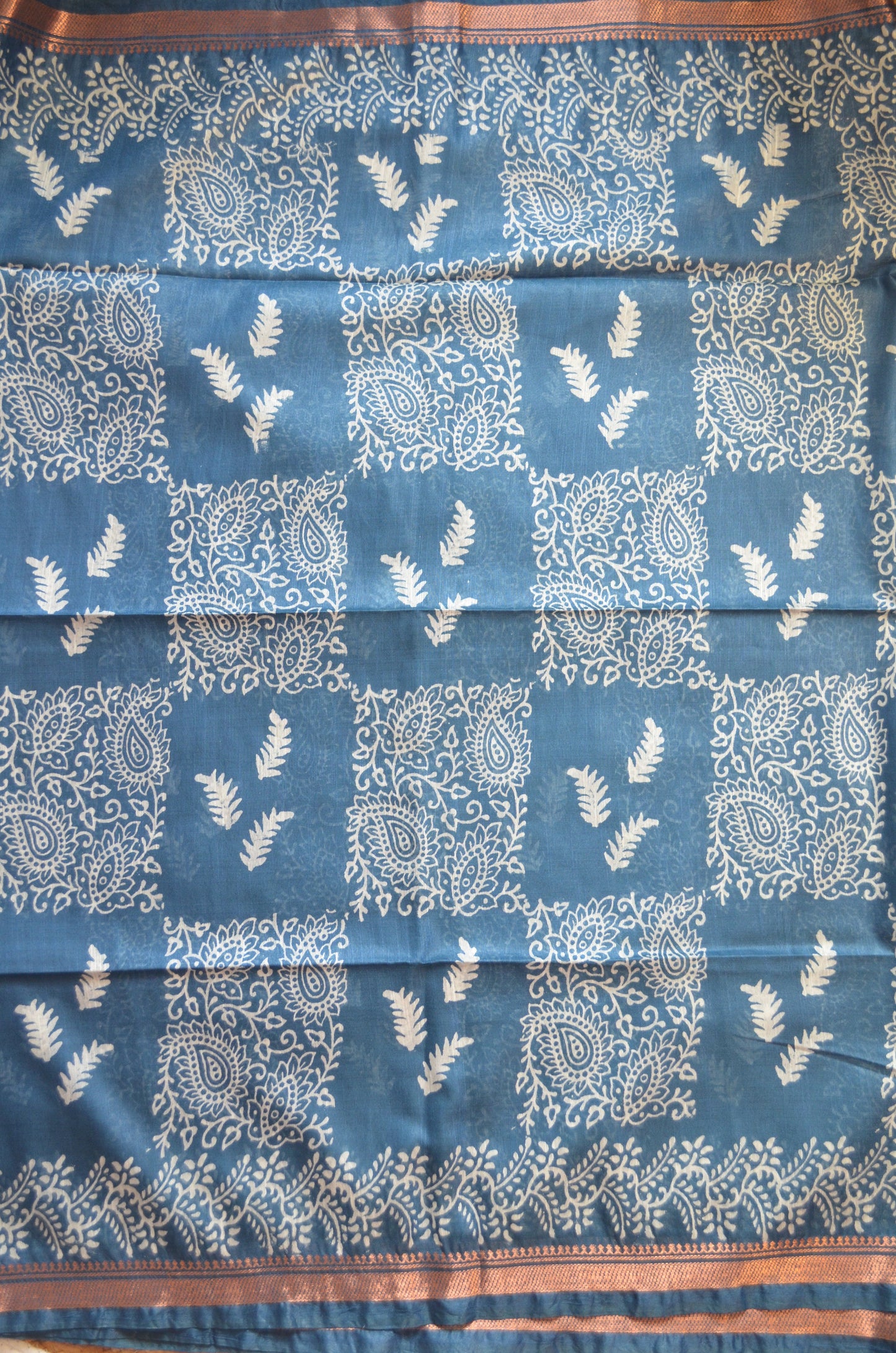 Indigo Block Print Vegan Silk Saree