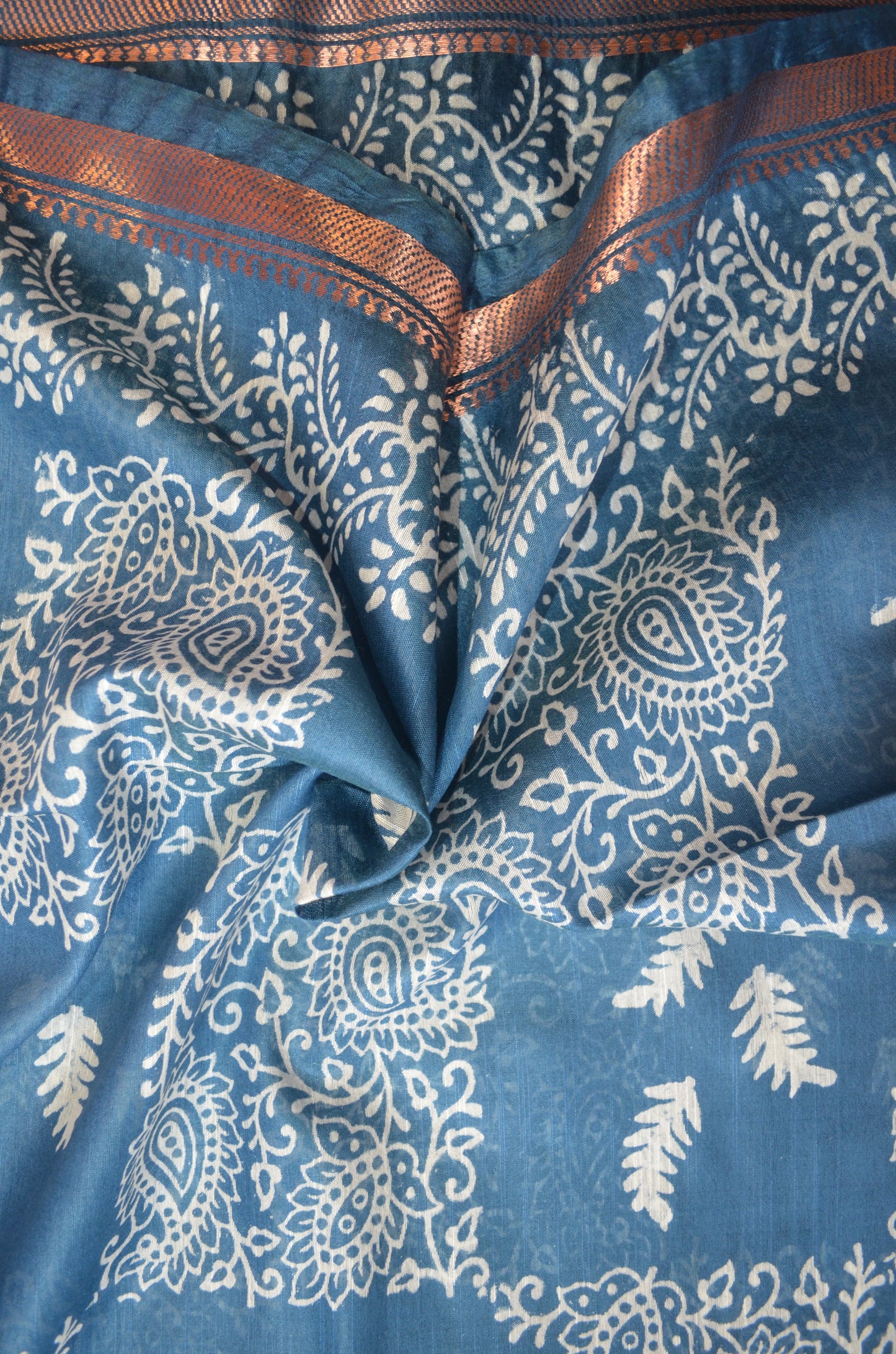 Indigo Block Print Vegan Silk Saree