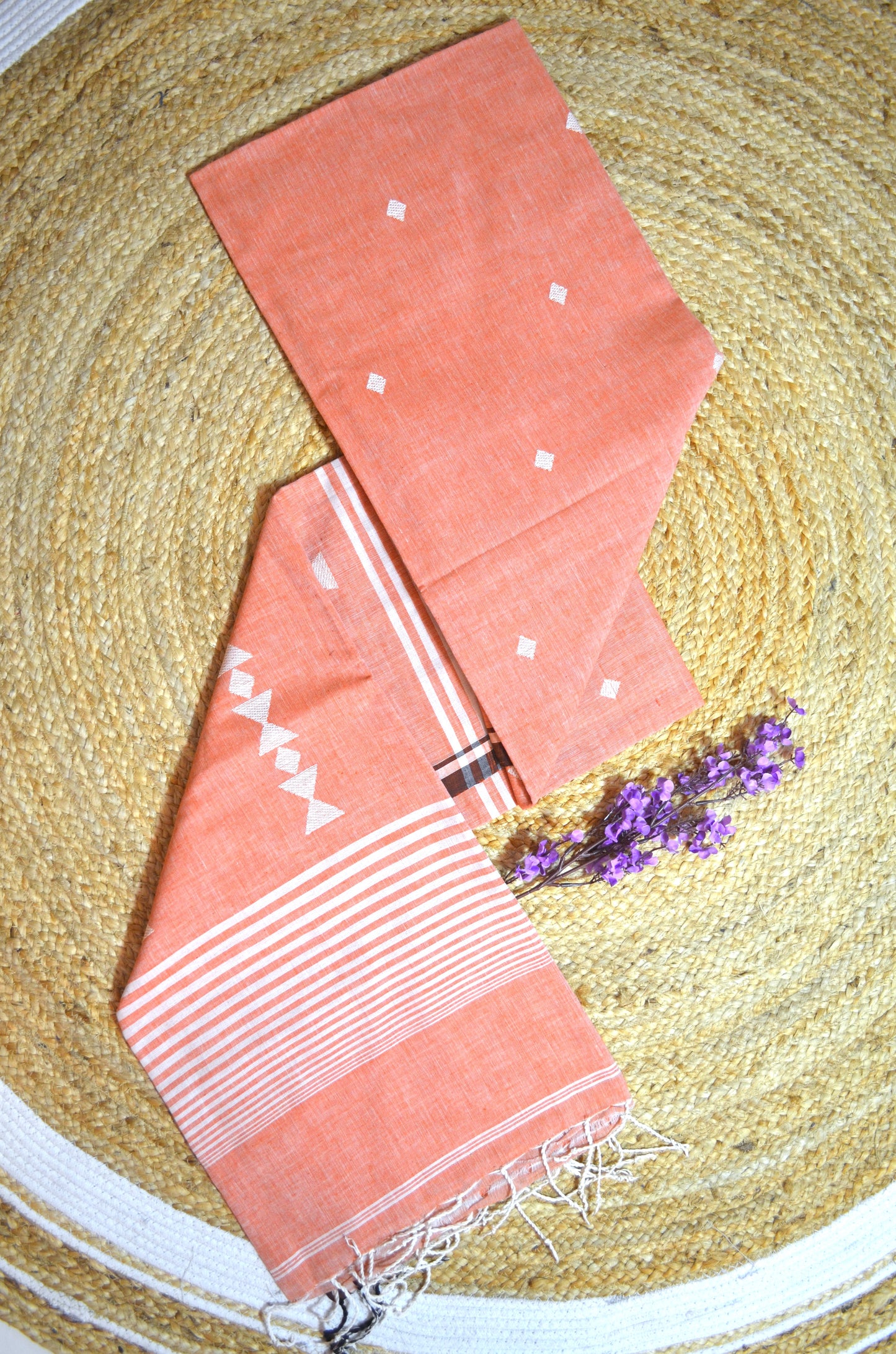 Peach Buttery Mul Cotton Bengal Muslin Tangail Handloom Saree