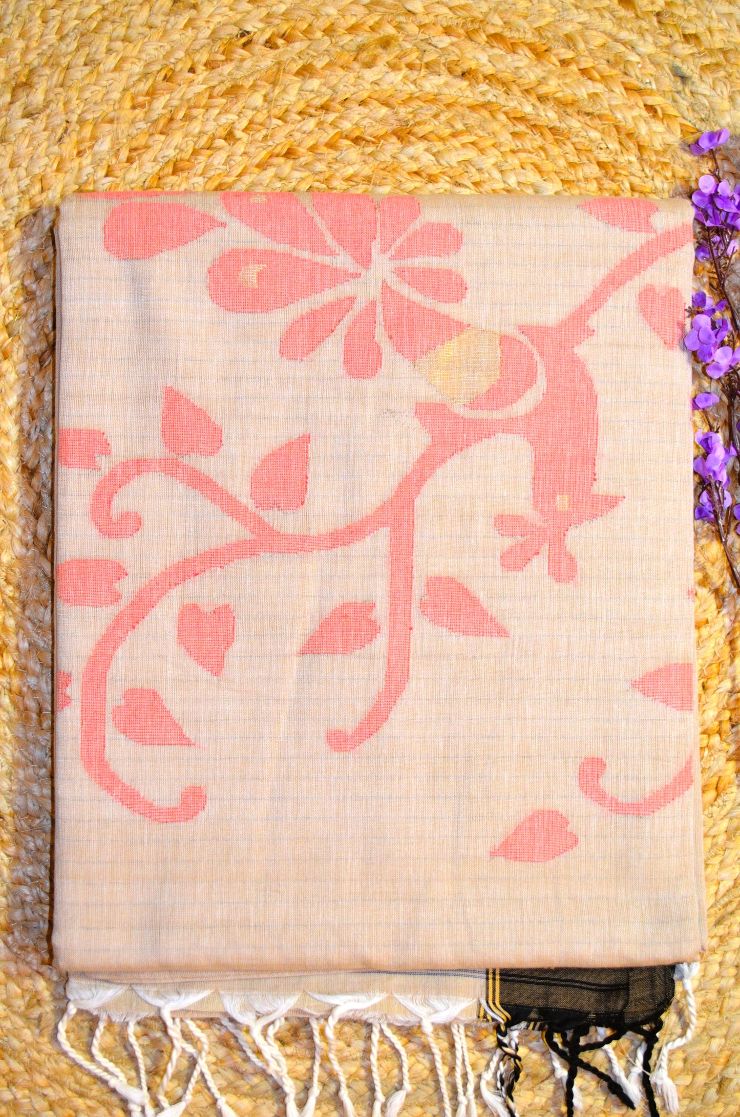 Dark Beige Buttery Mul Cotton Bengal Jamdani Handloom Saree