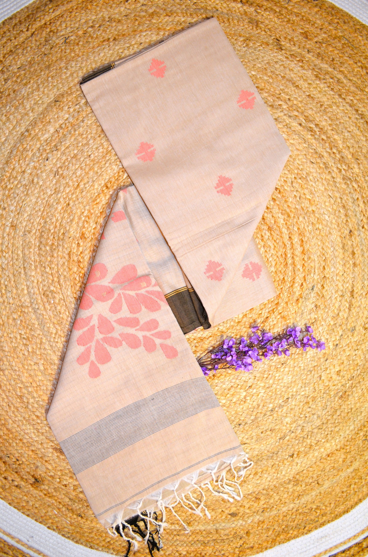 Dark Beige Buttery Mul Cotton Bengal Jamdani Handloom Saree